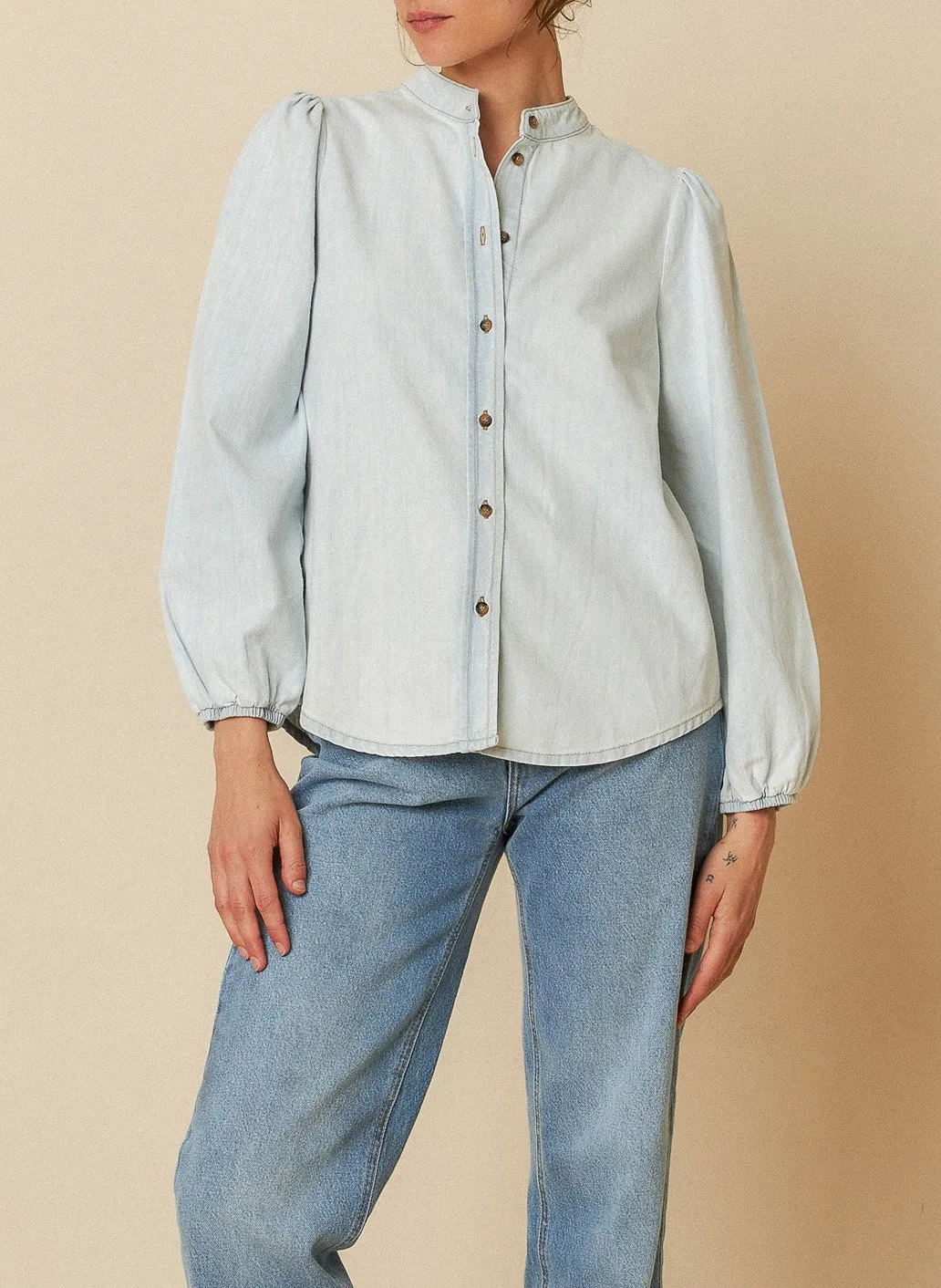 Chemise droite en denim de coton Bleu