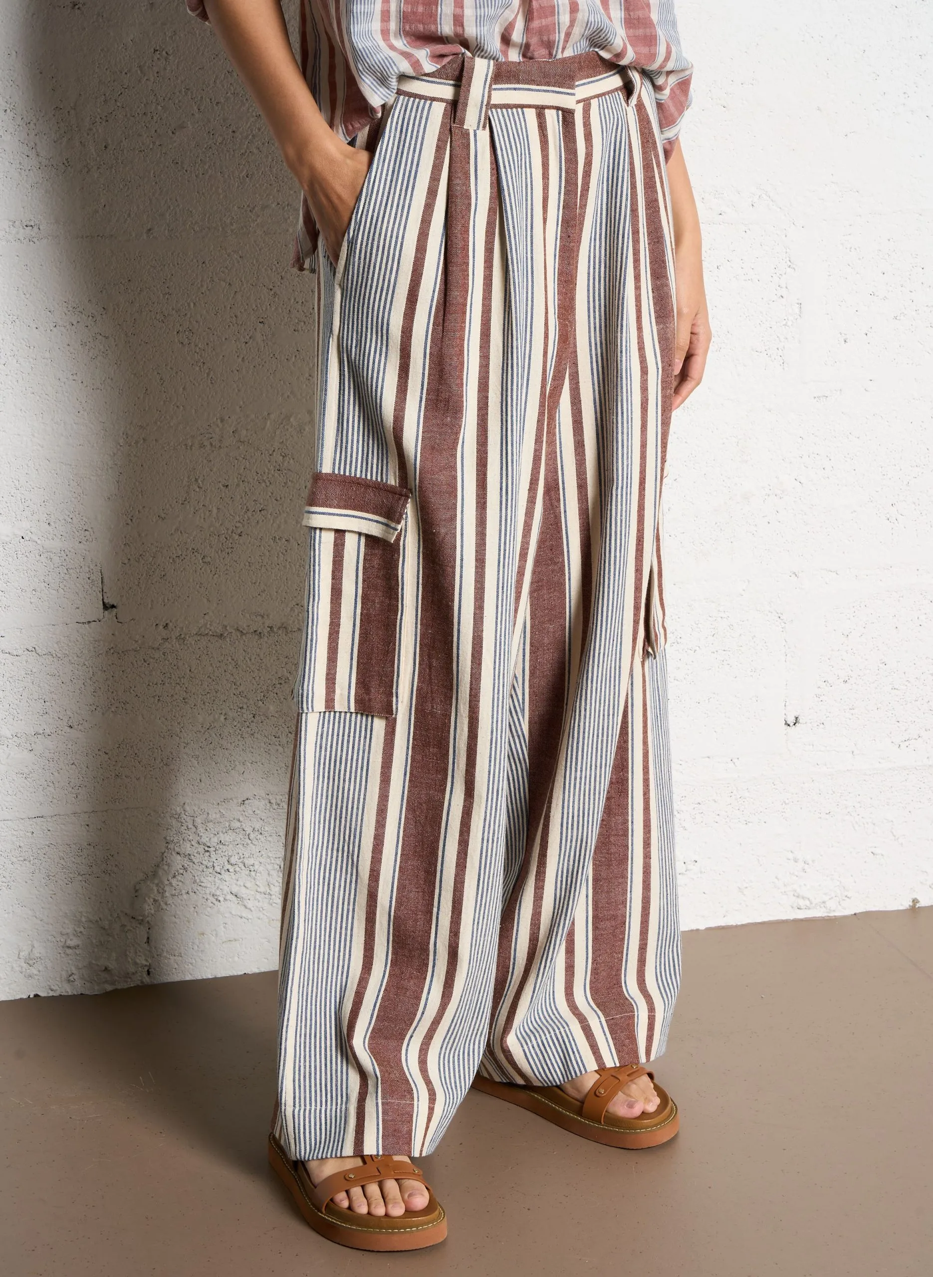 Pantalon large rayé en coton Marron USHA