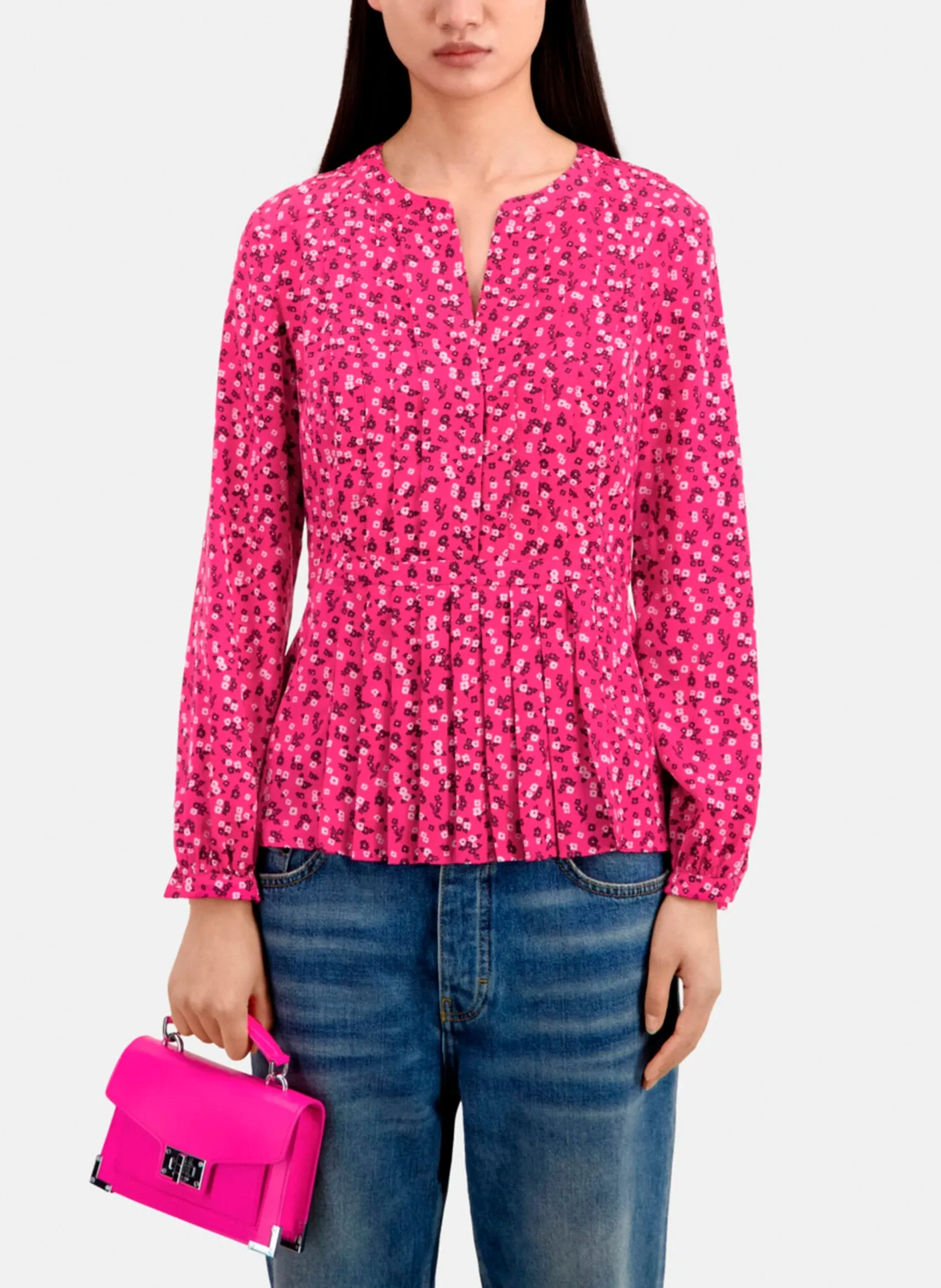 Top col tunisien plissé et imprimé Rose