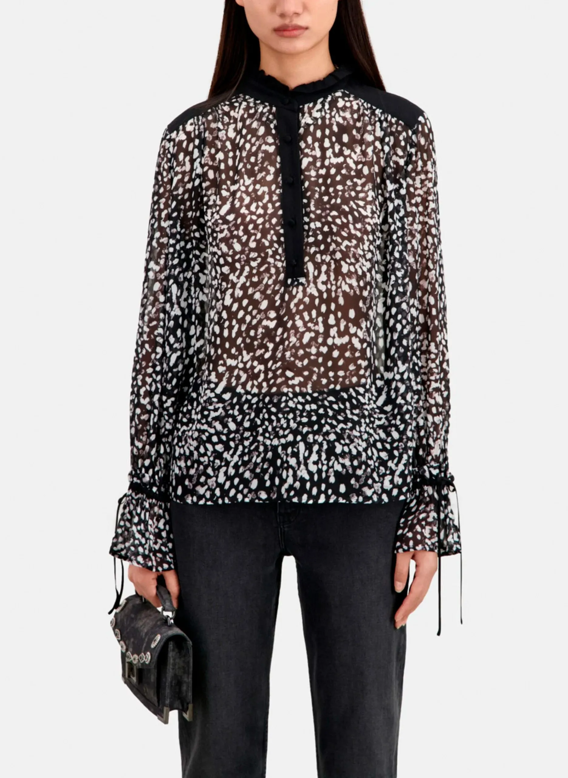 Blouse col montant imprimée Noir