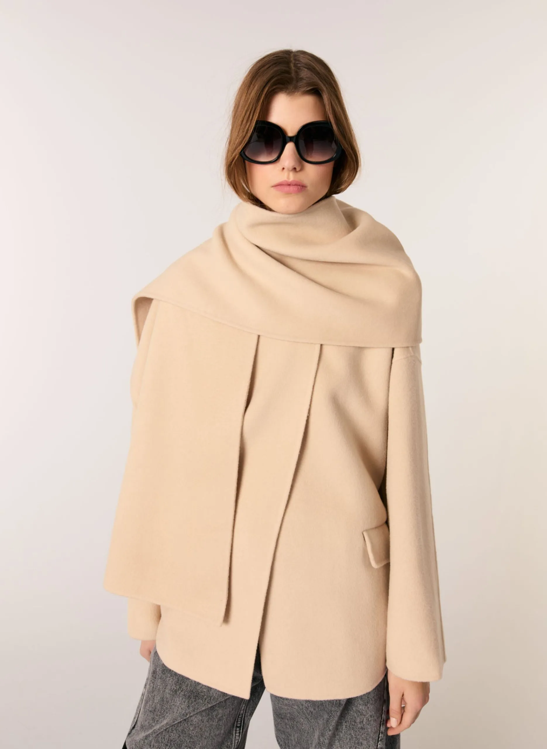 Manteau écharpe intégrée en laine mélangée Beige