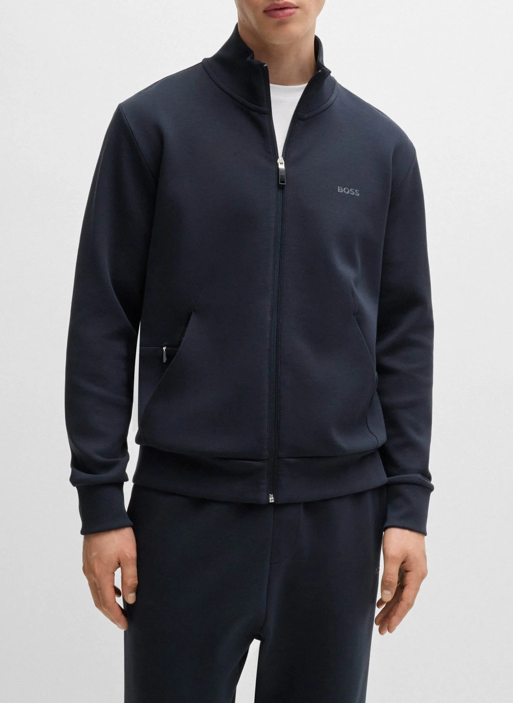 Sweat droit zippée sérigraphié en coton stretch Bleu