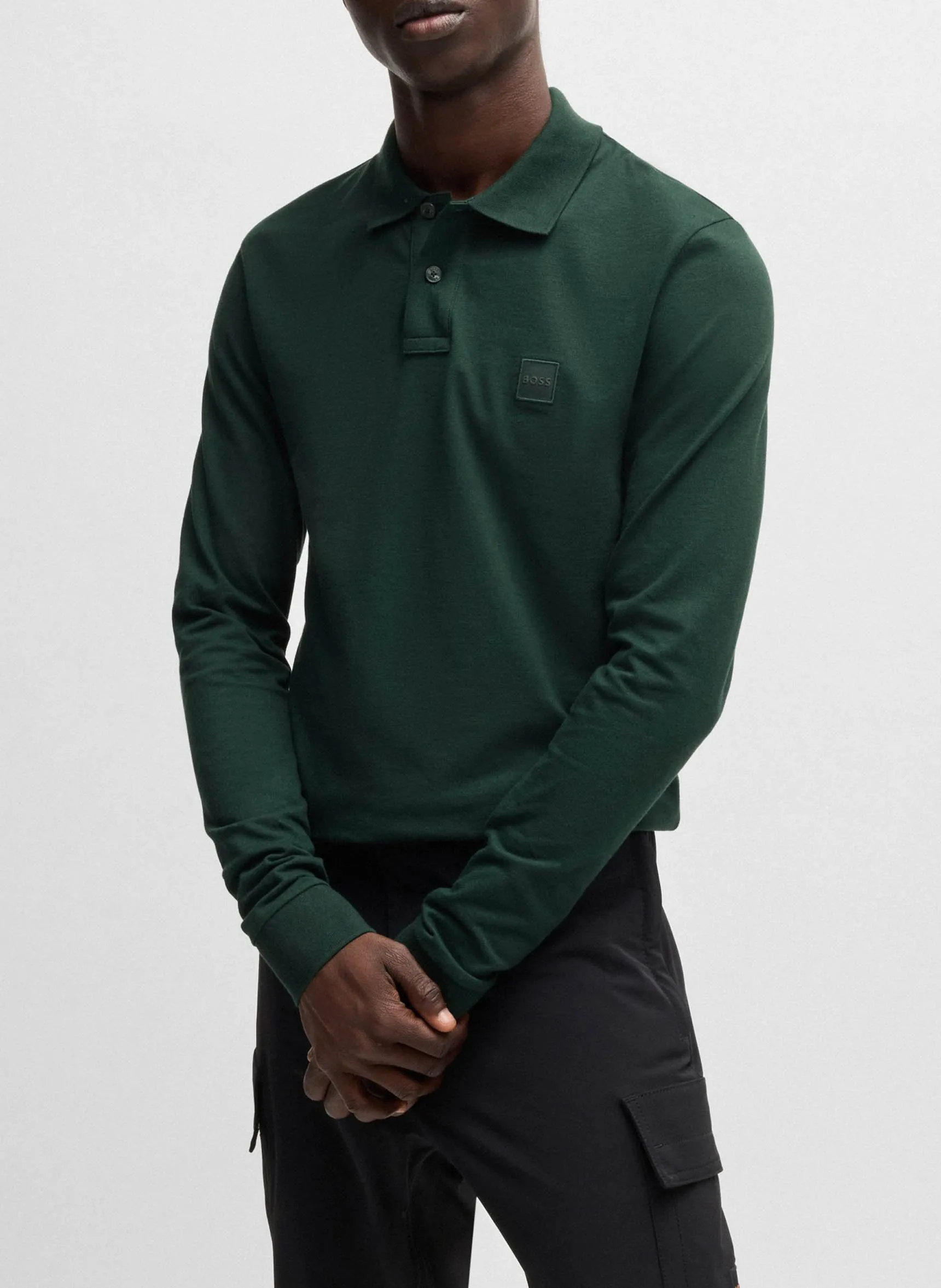 Polo à manches longues regular-fit en coton mélangé Kaki