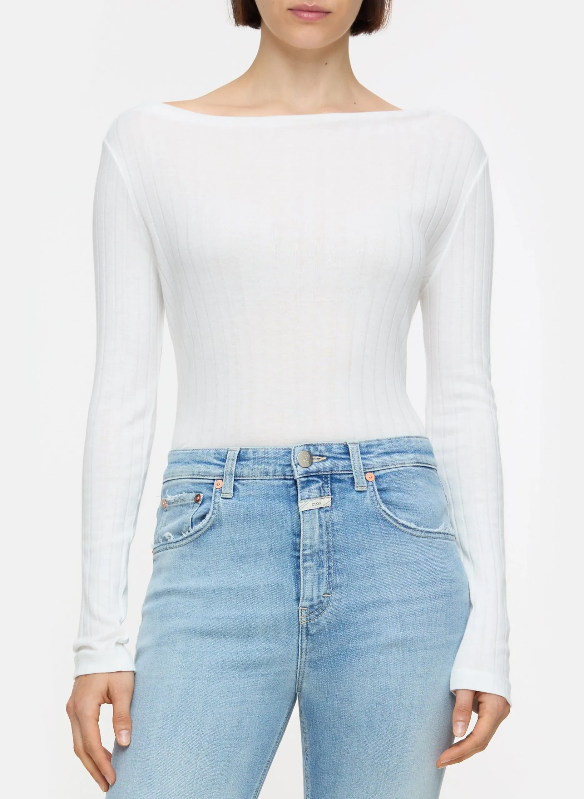 Tee-shirt moulant col bateau en coton mélangé Beige