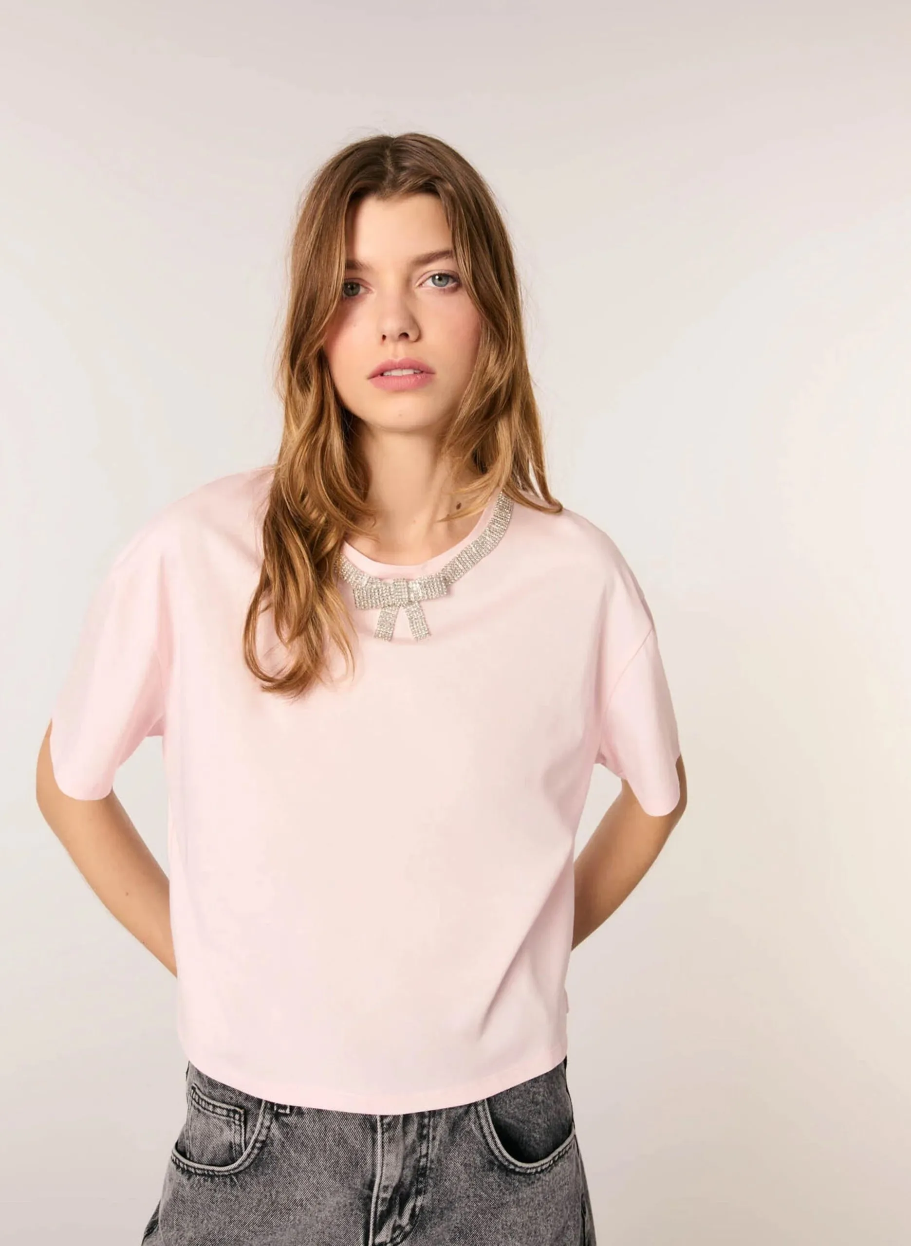 Tee-shirt court à détails strass en coton Rose