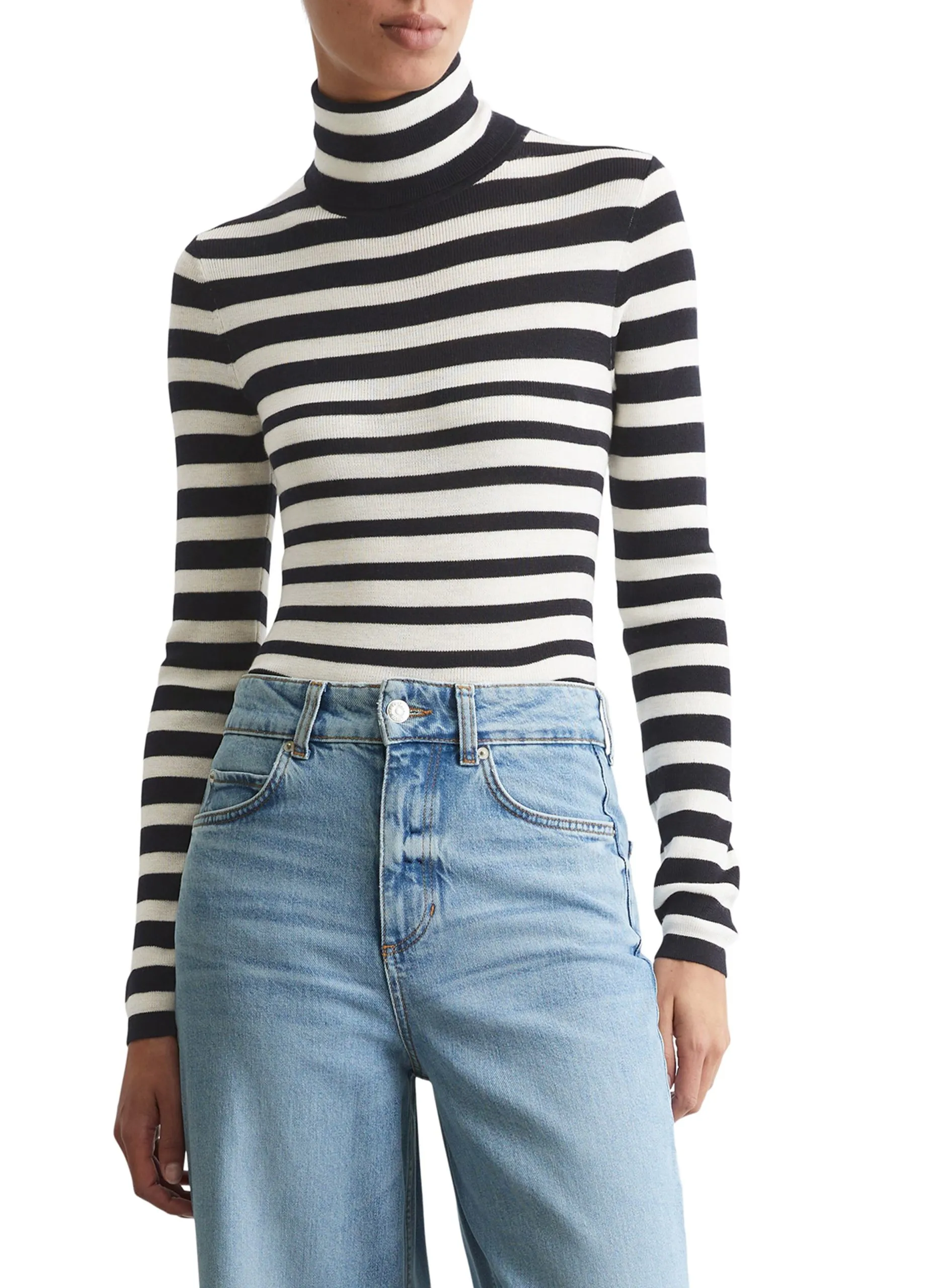 Pull col roulé rayé en laine Bleu