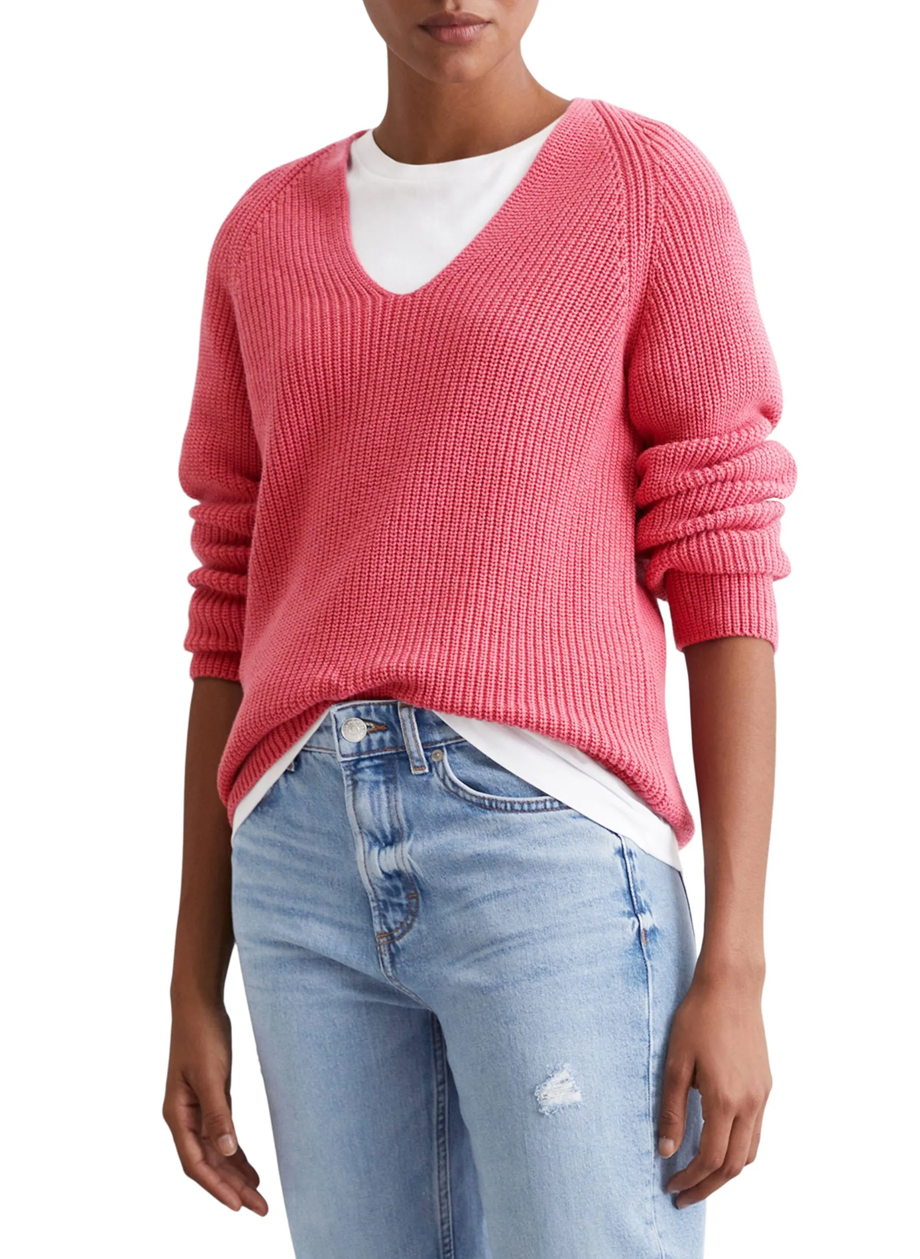 Pull tricot col V en coton Rose