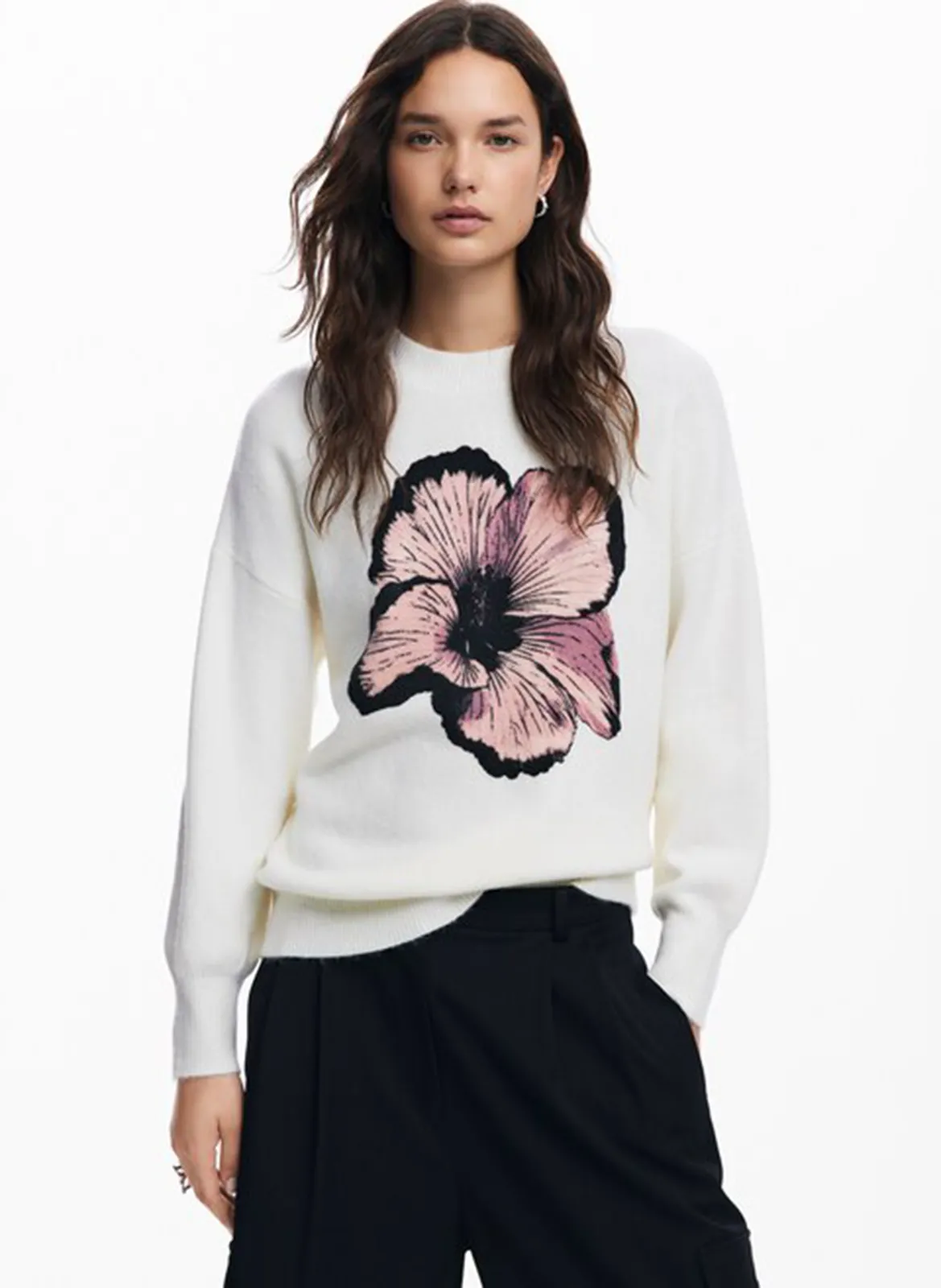 Pull droit imprimé Blanc