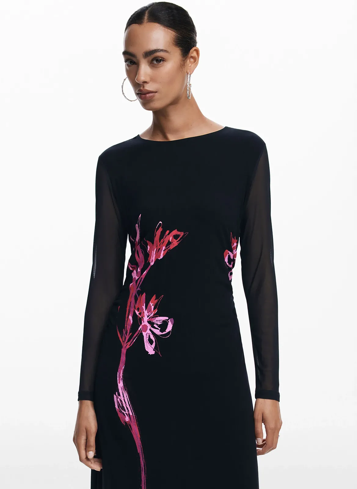 Robe longue asymétrique imprimée Noir