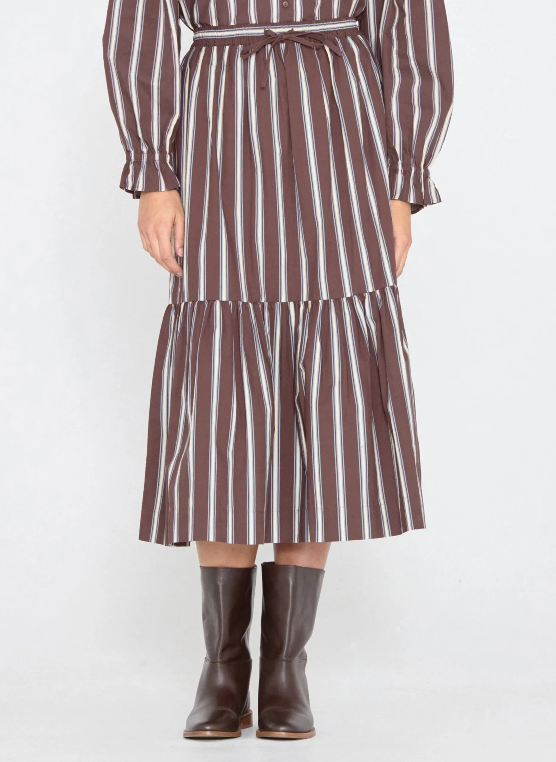 Jupe midi à volants et rayures en coton Marron