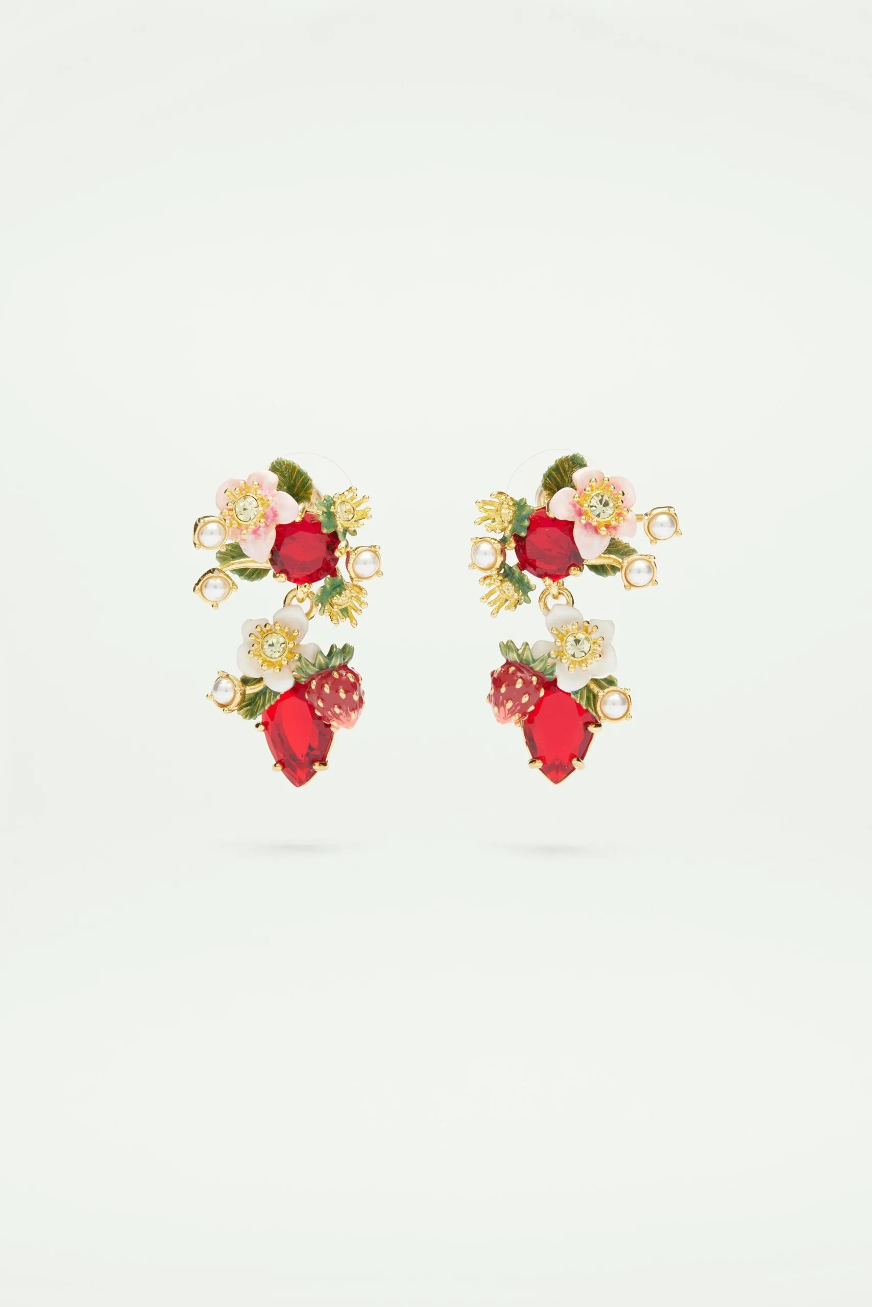Boucles d'oreilles tiges fraises des bois et fleurs de fraisiers Multicolore