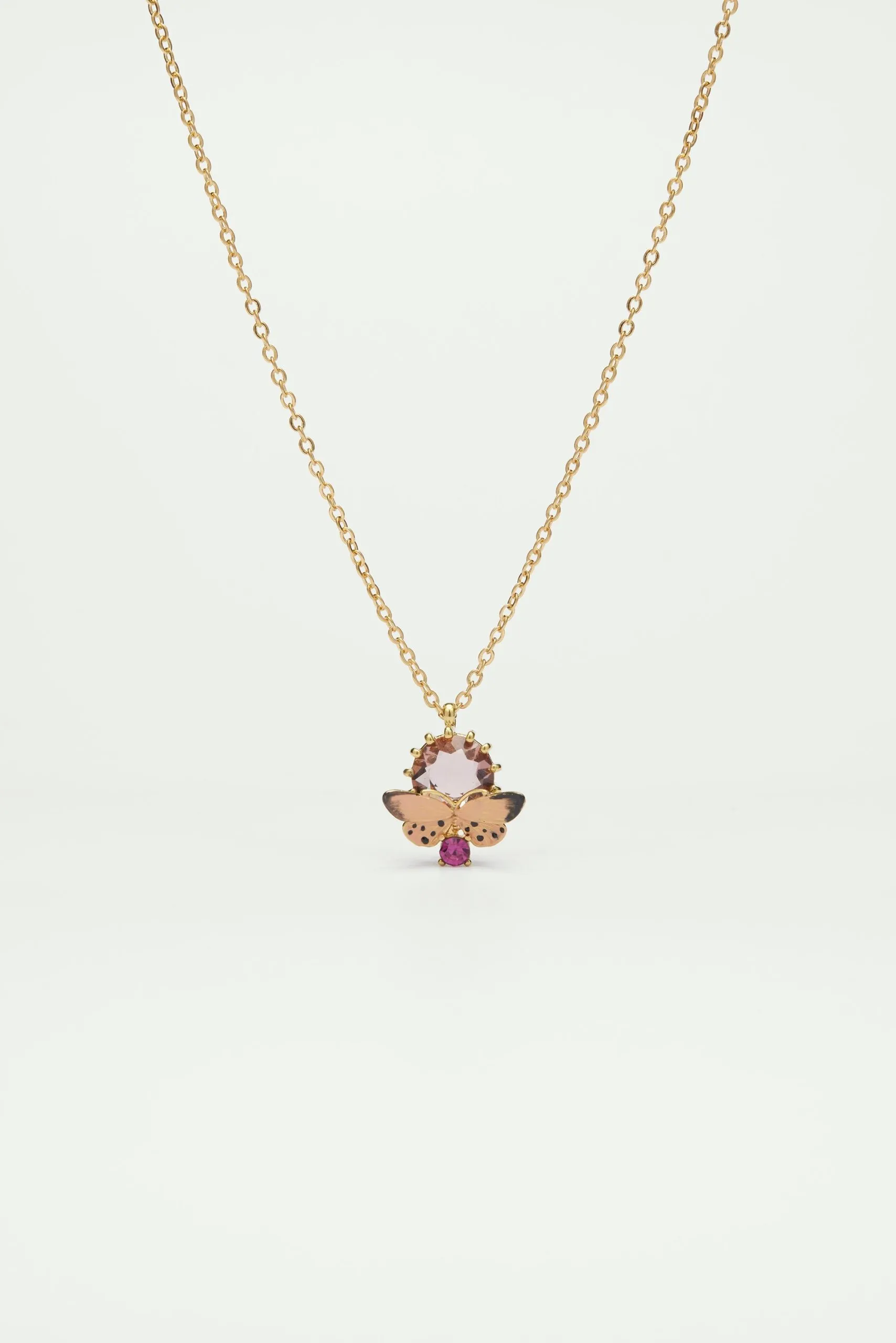 Collier pendentif papillon émaillé et pierres en verre taillé Rose