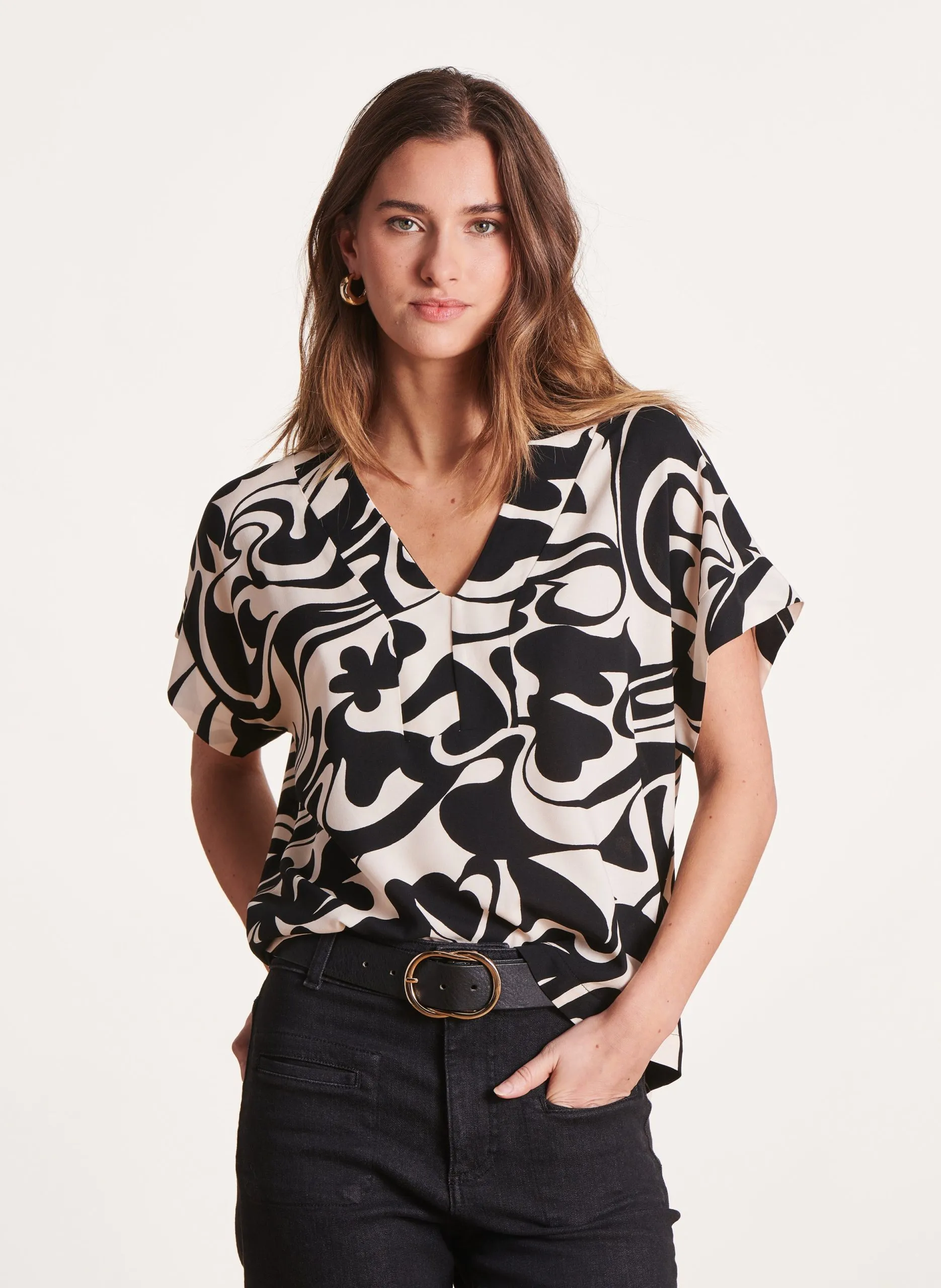 Top droit col V Noir