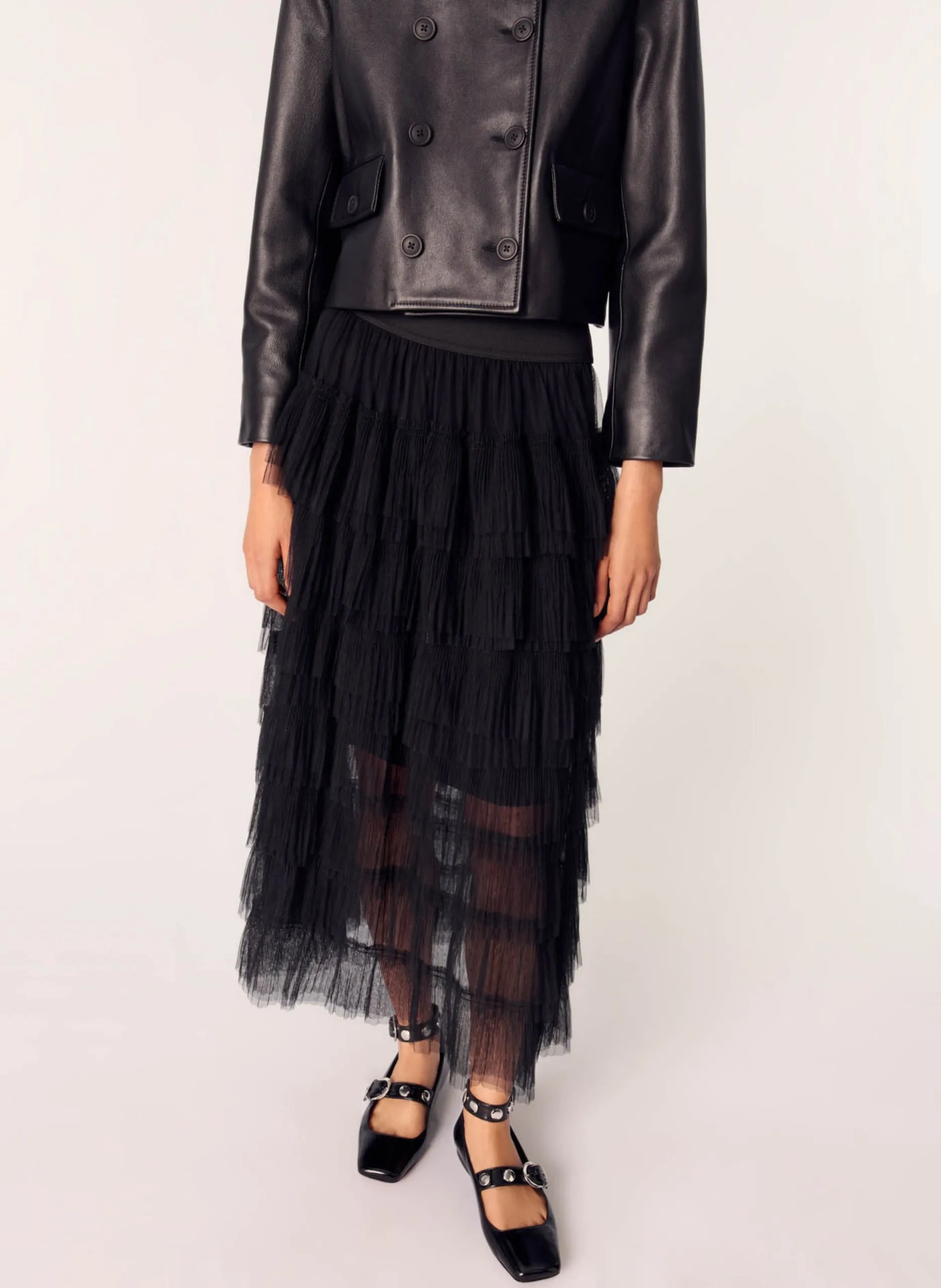 Jupe midi à volants en tulle Noir