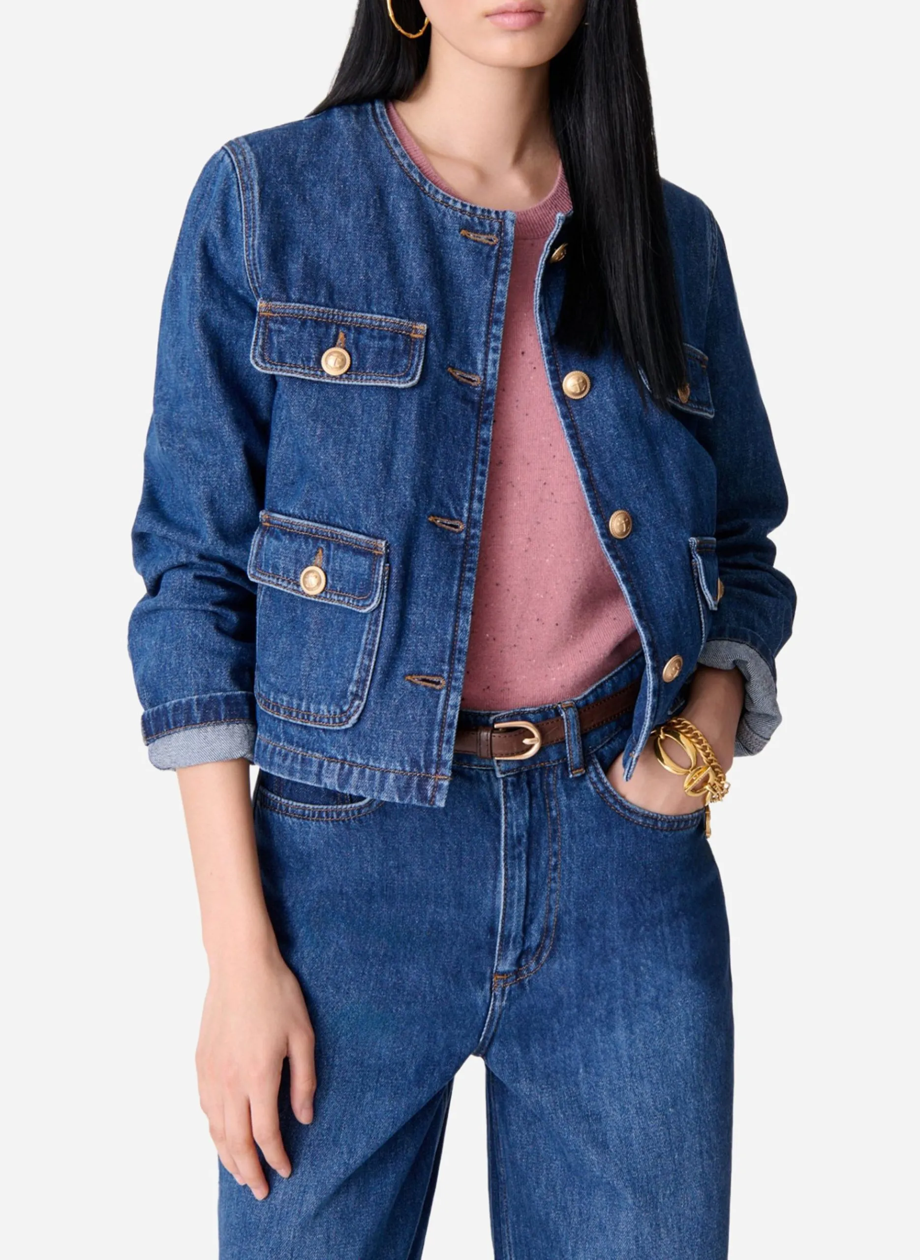 Veste cropped en jean à boutons fantaisies Bleu DEANA