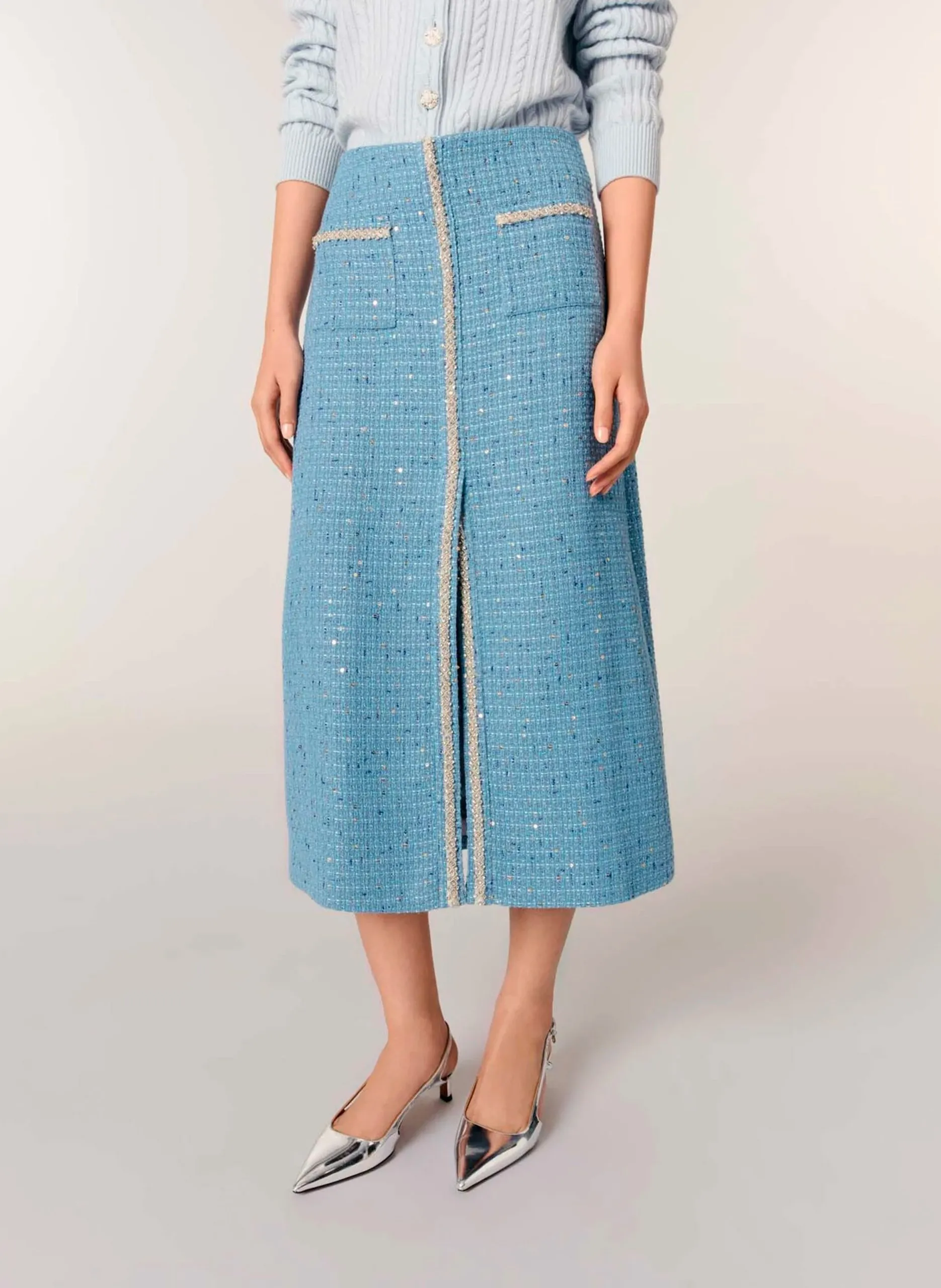 Jupe midi en tweed Bleu