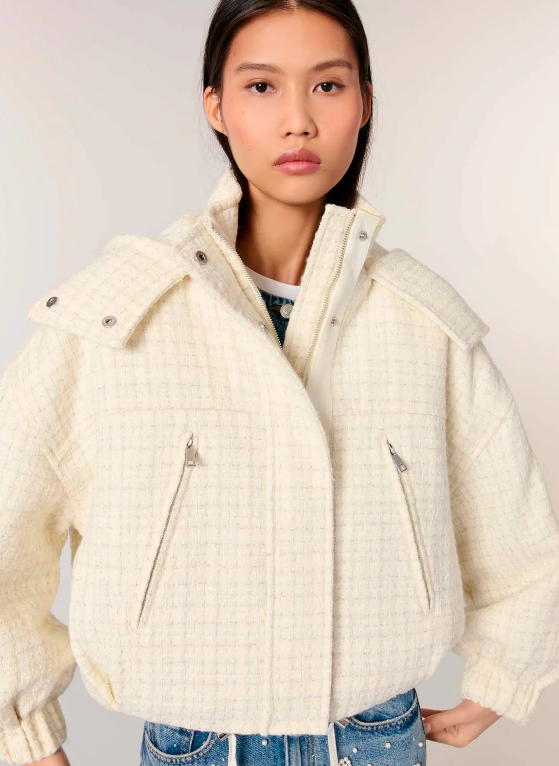 Doudoune à capuche en tweed Beige