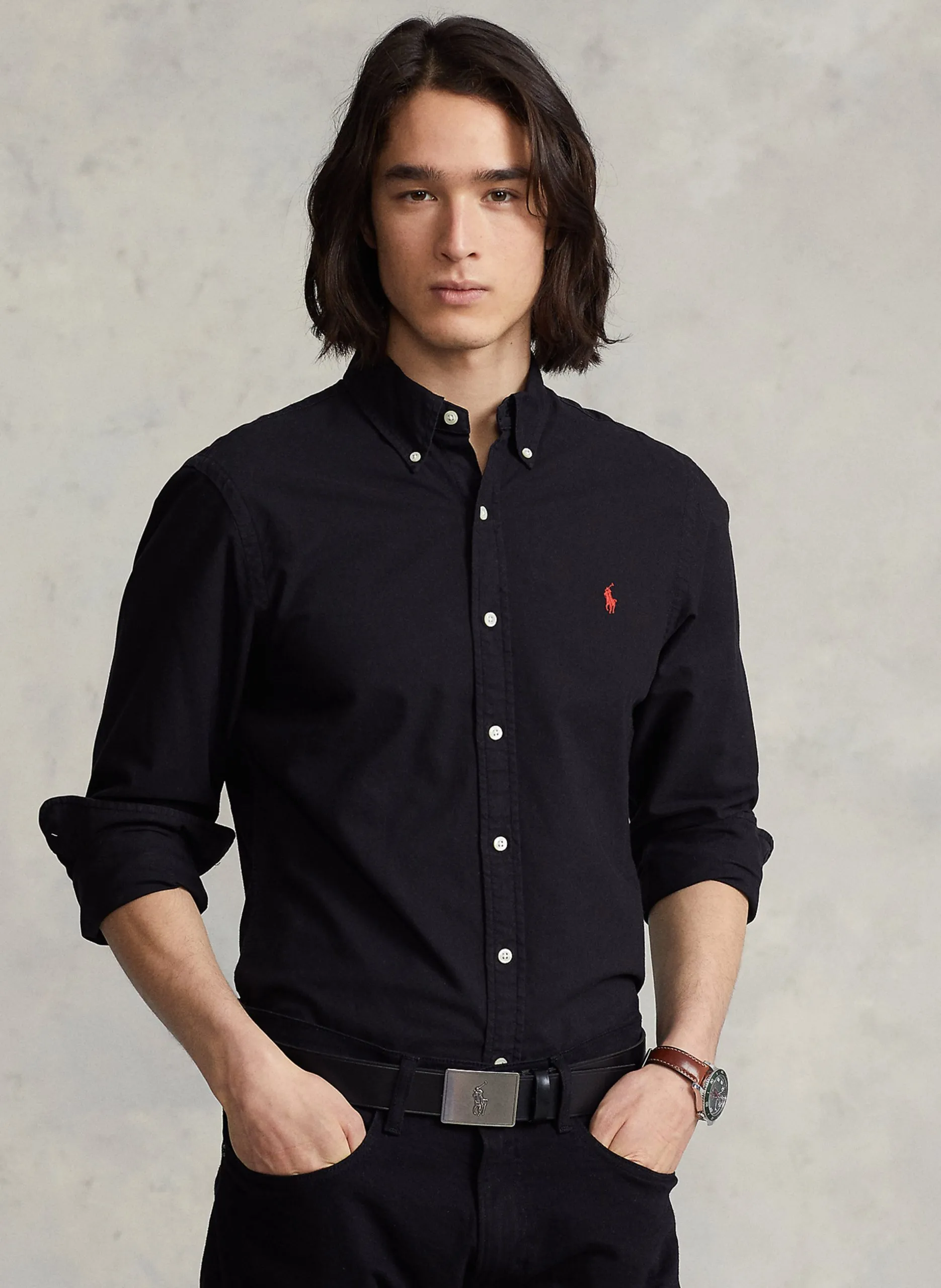 Chemise col classique slim-fit brodée en coton Noir