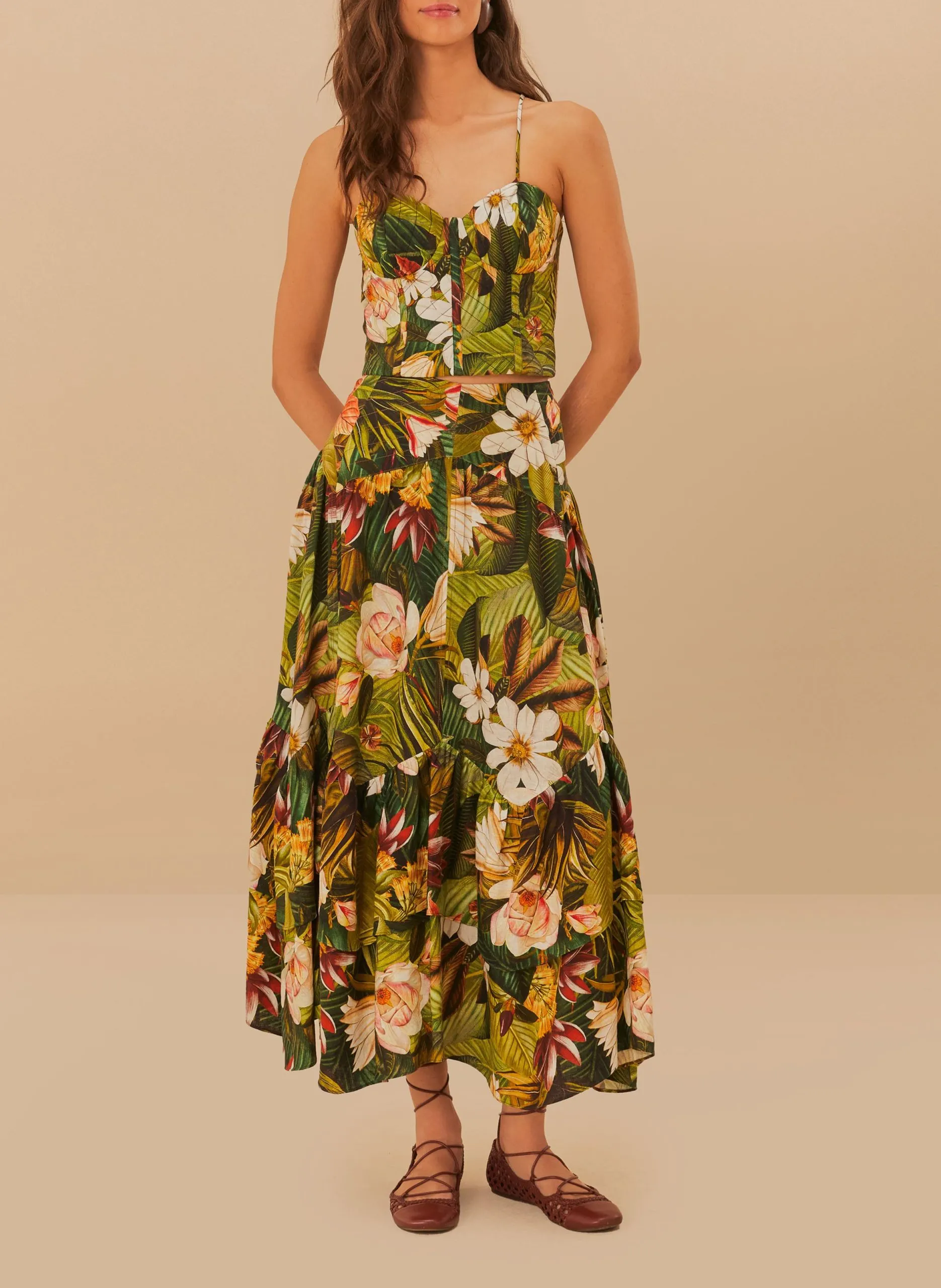 Top court col v végétal en lin mélangé Multicolore