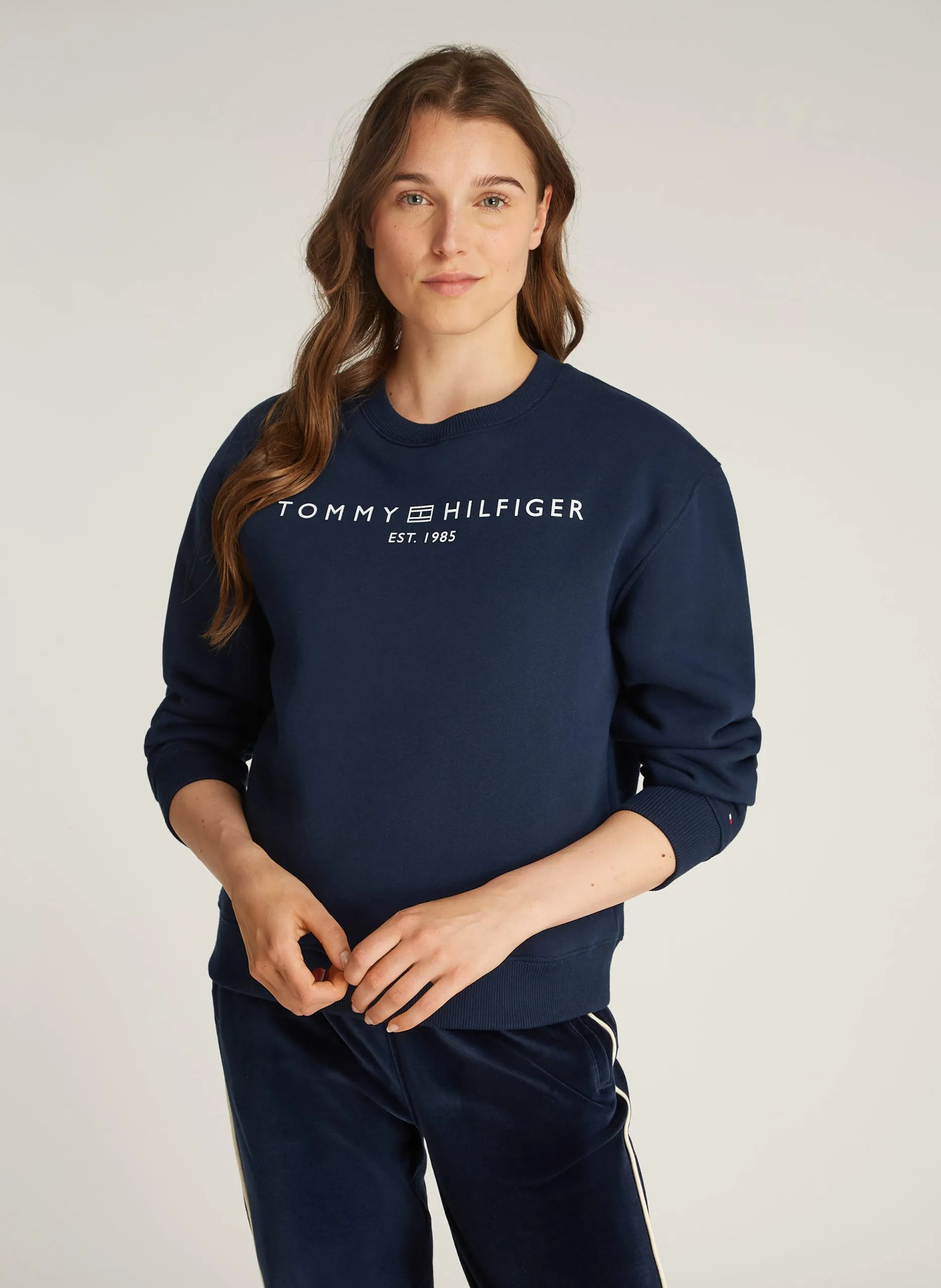 Sweat col rond en coton mélangé droit Bleu