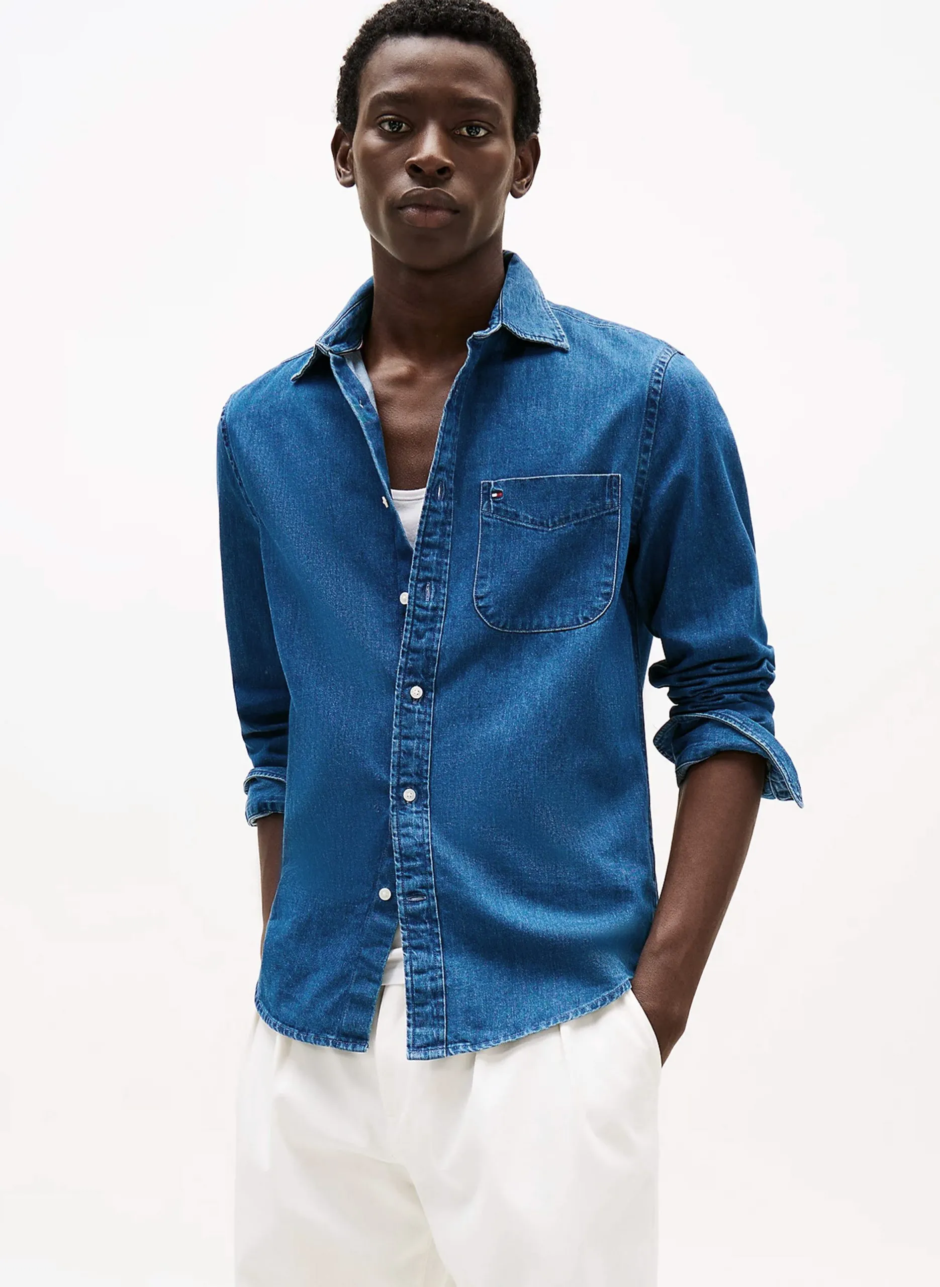 Chemise droite denim en coton Bleu
