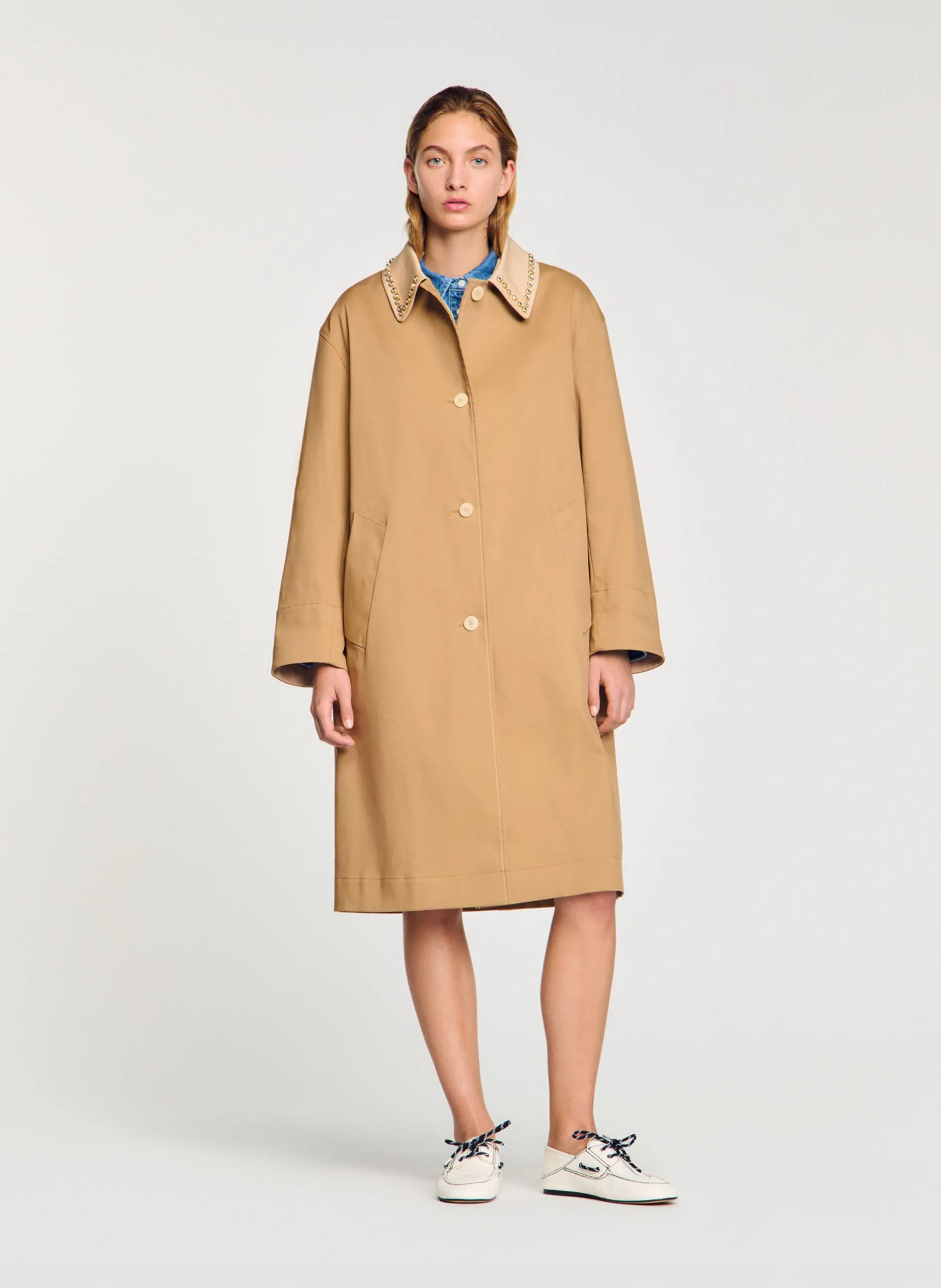 Trench droit à col strassé Marron