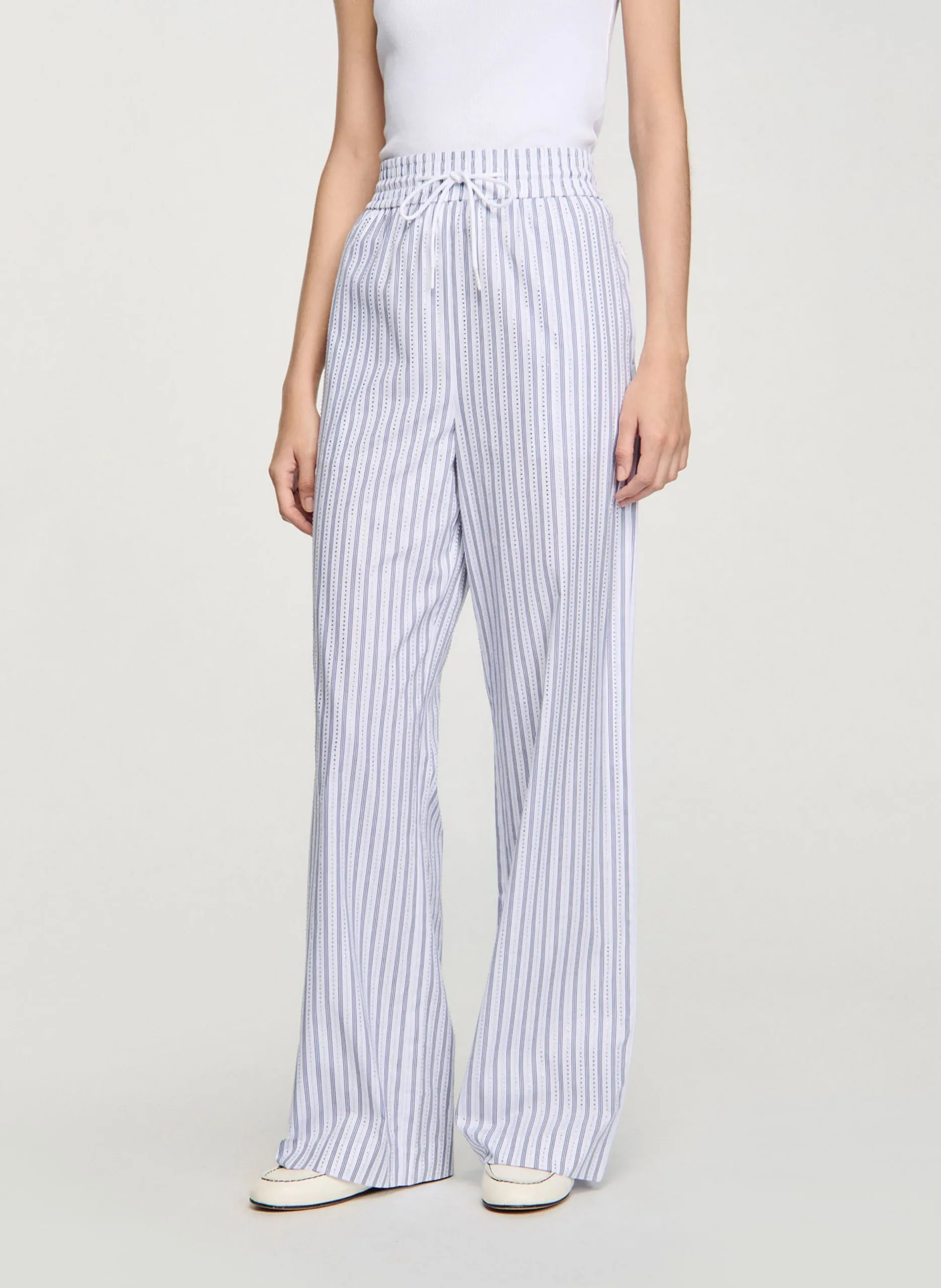 Pantalon droit à rayures strassé Blanc