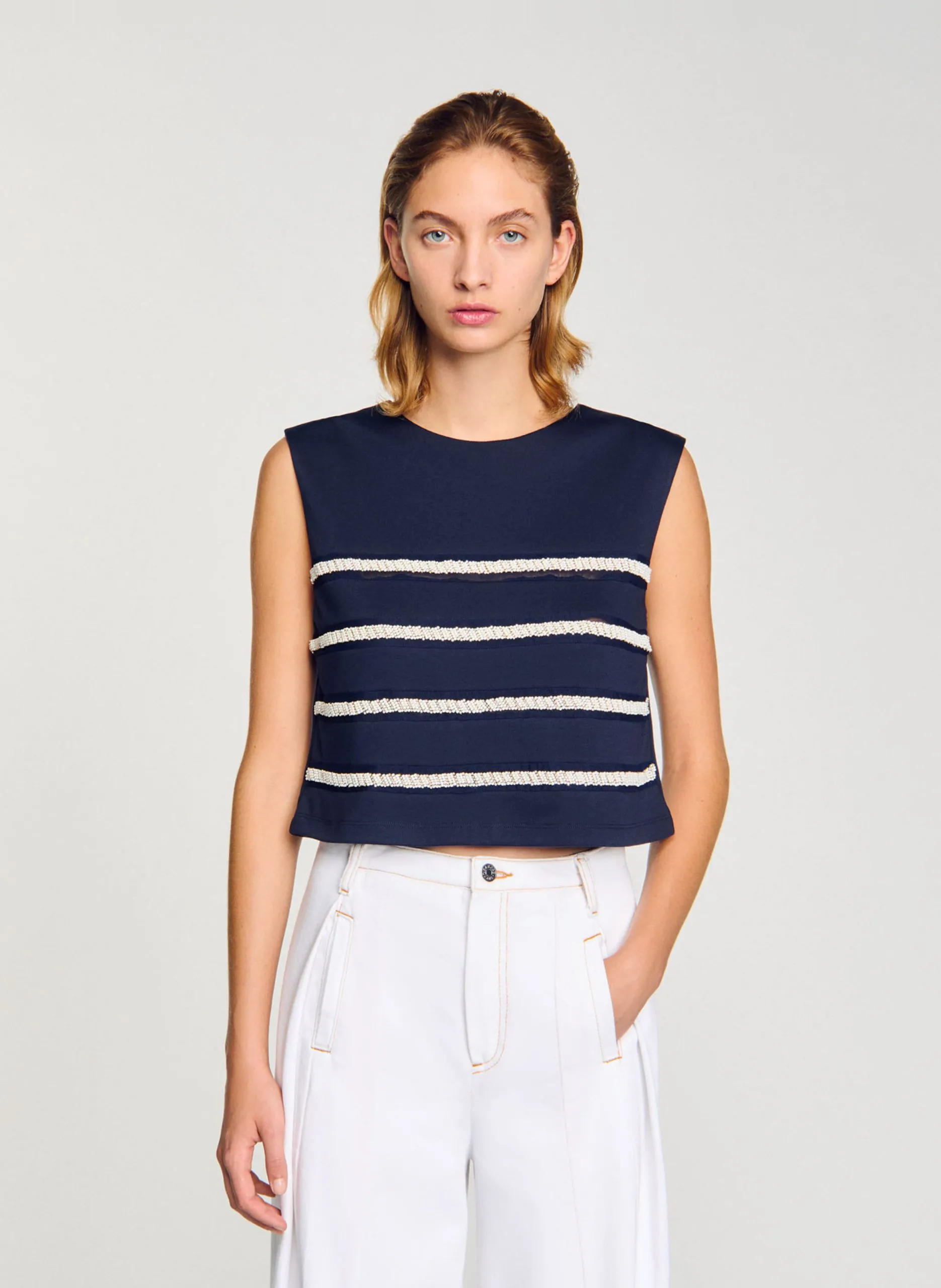 Top sans manches à rayures perlées Bleu
