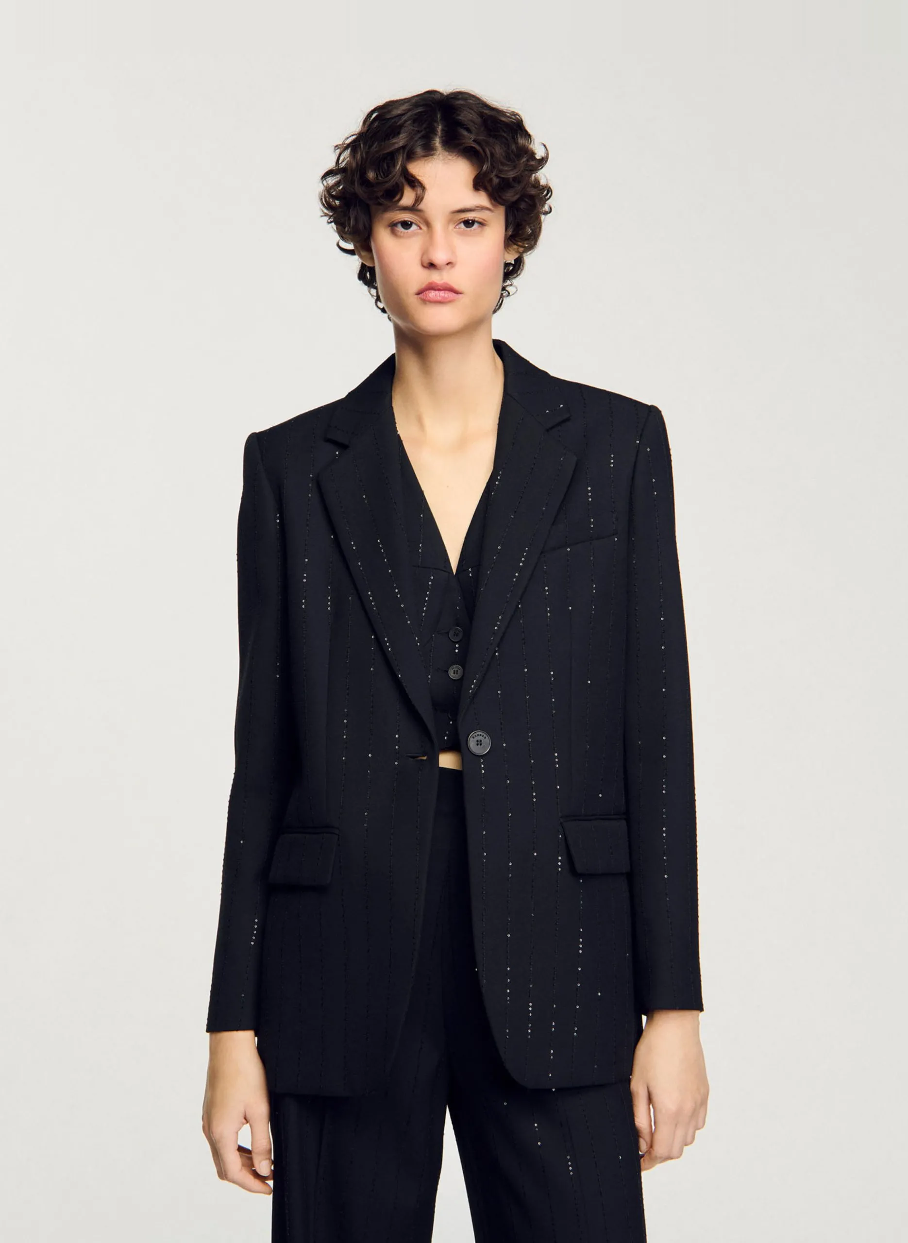 Veste tailleur rayée à sequins Noir