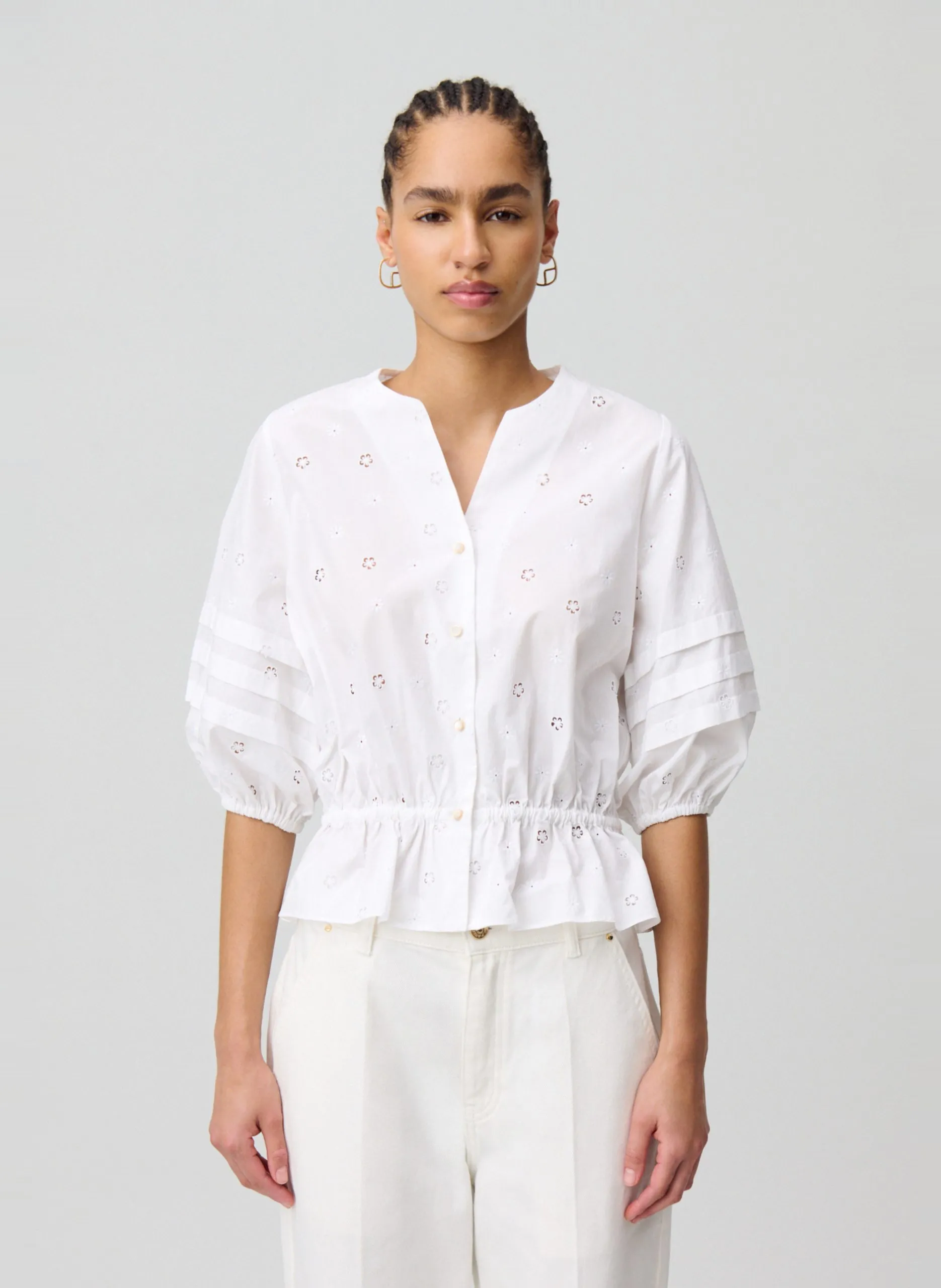 Blouse col v brodée en coton Blanc