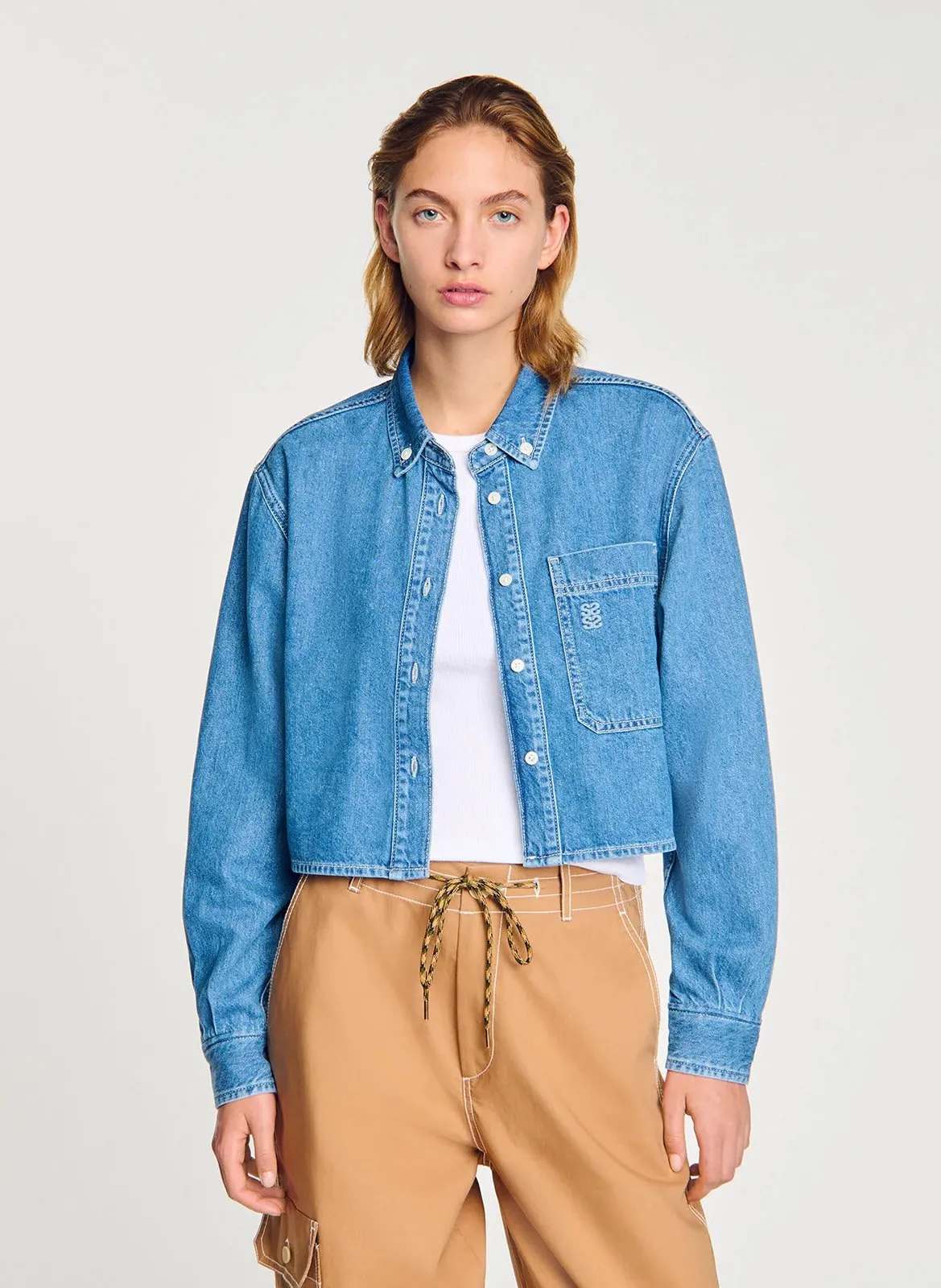 Chemise courte en denim coton Bleu