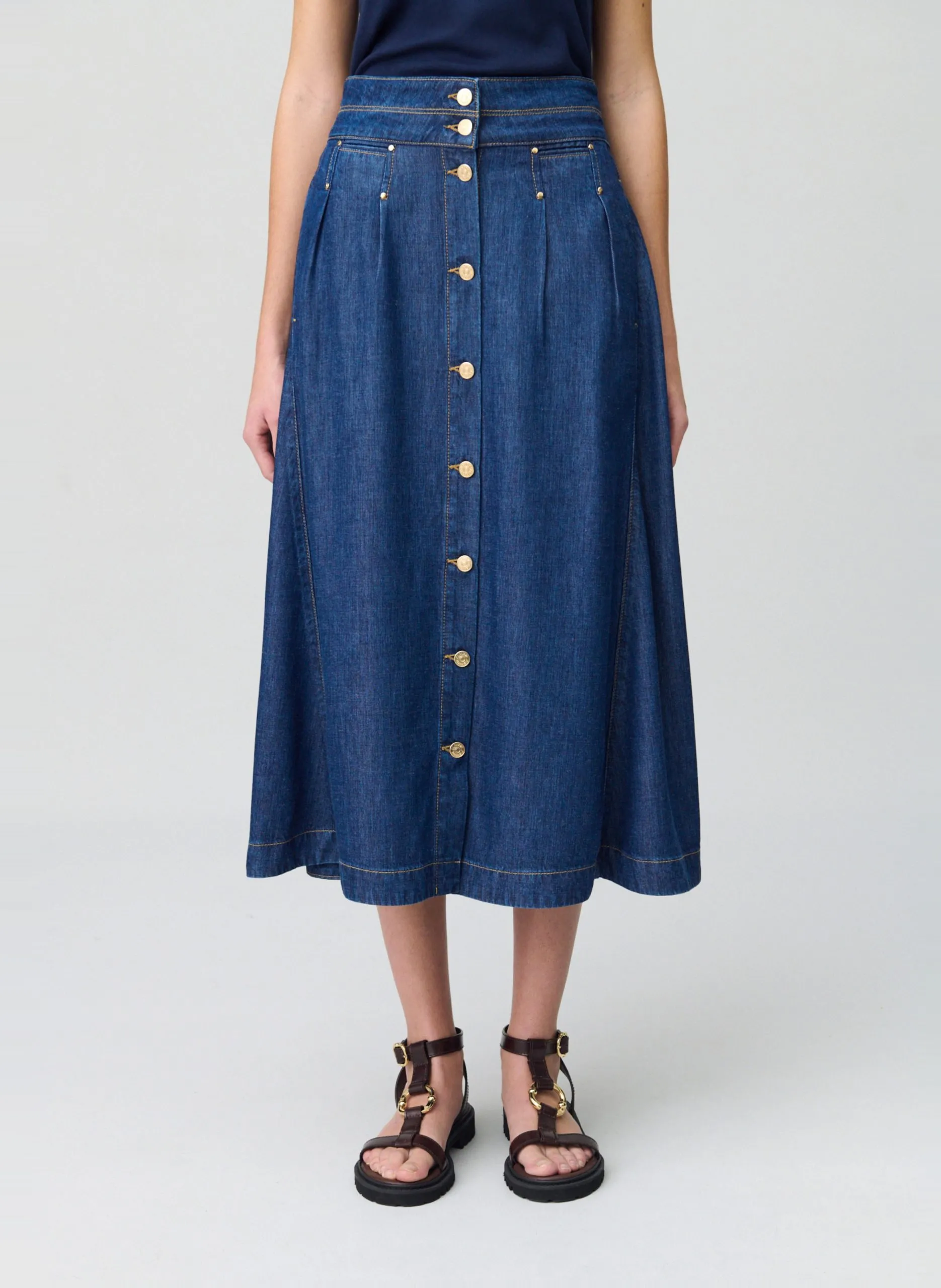 Jupe midi boutonnée en jean Bleu