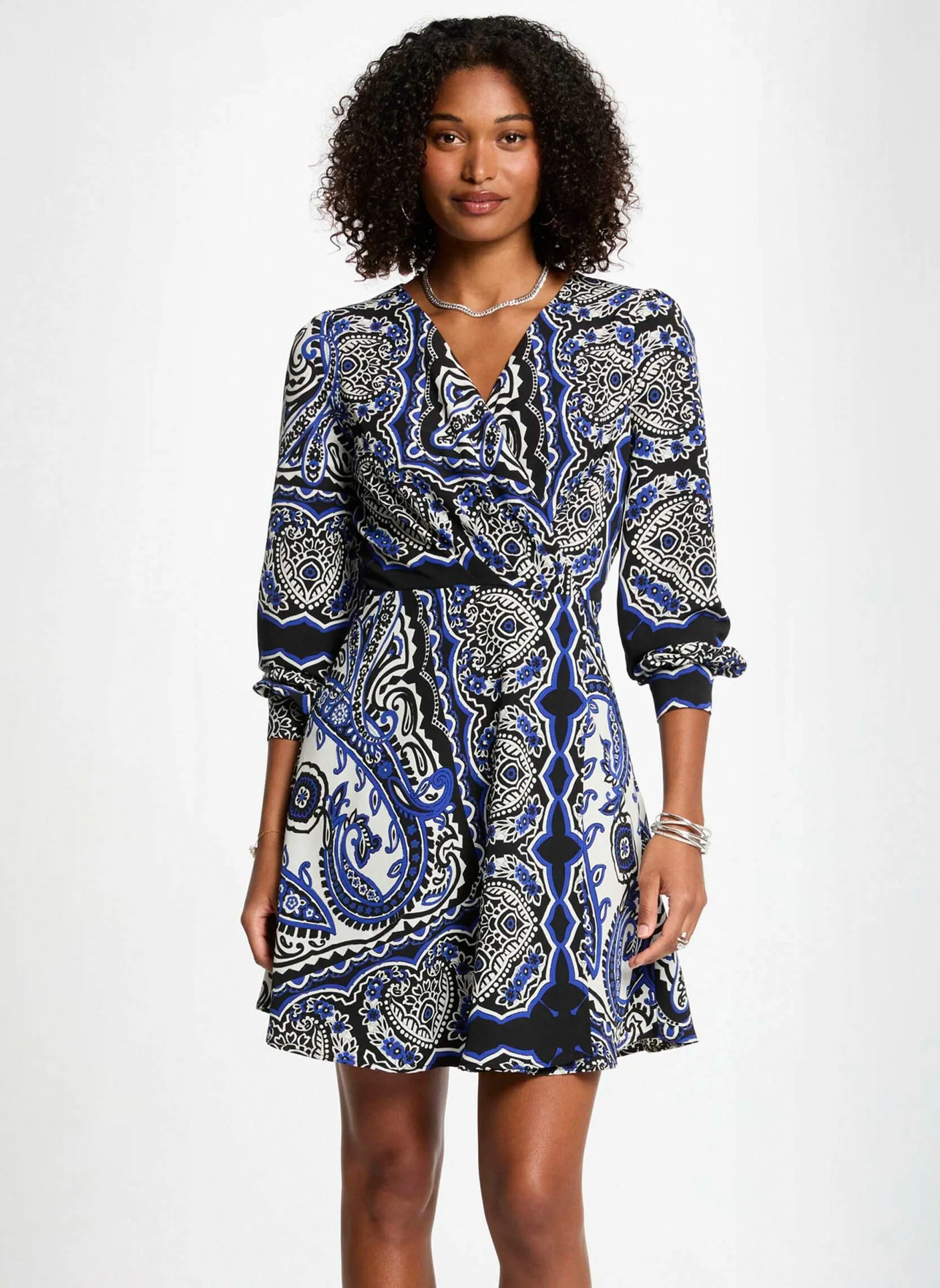 Robe courte col v imprimée Bleu 251-RIJAL.F