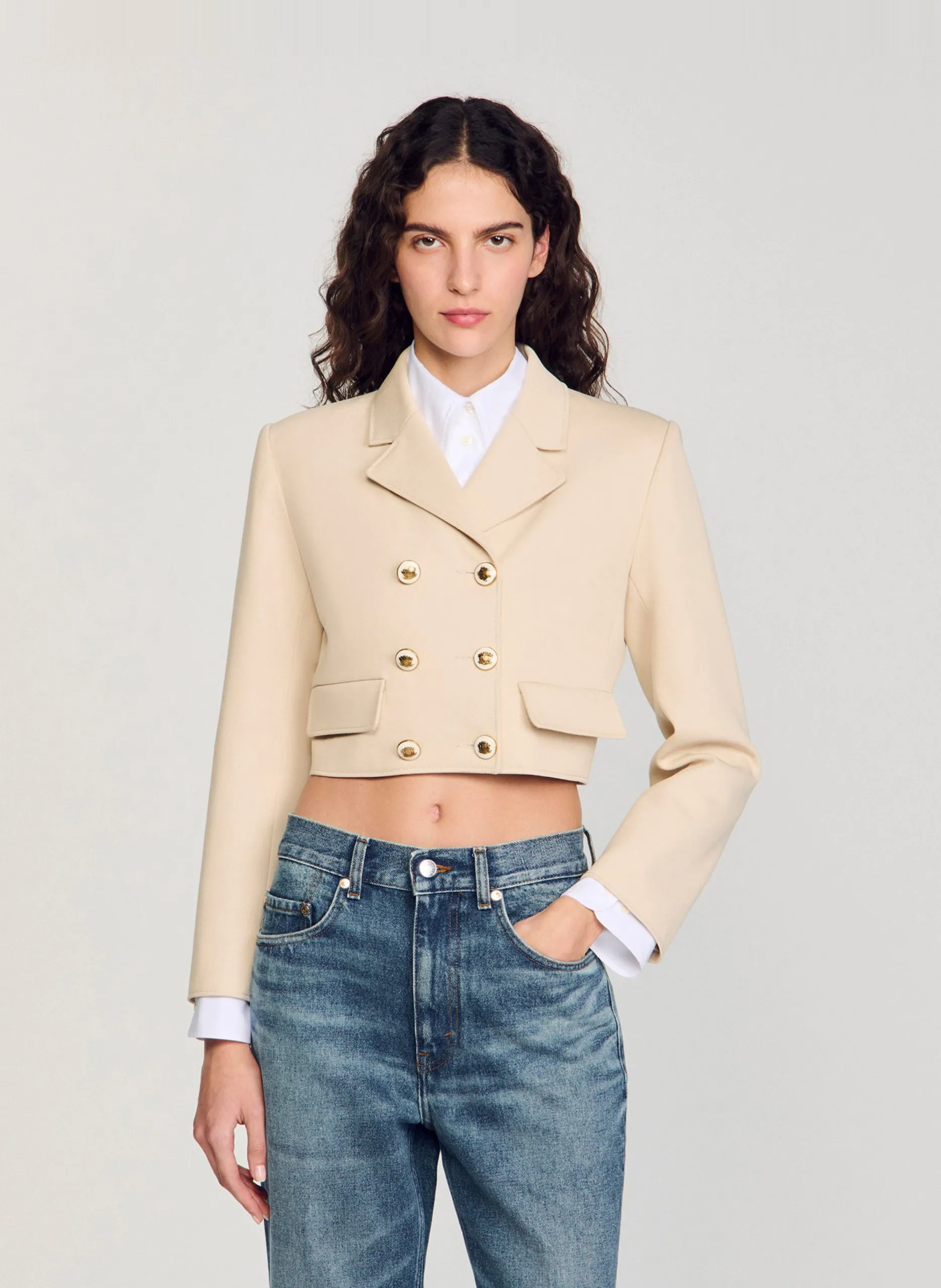 Veste de tailleur courte droite en coton Beige