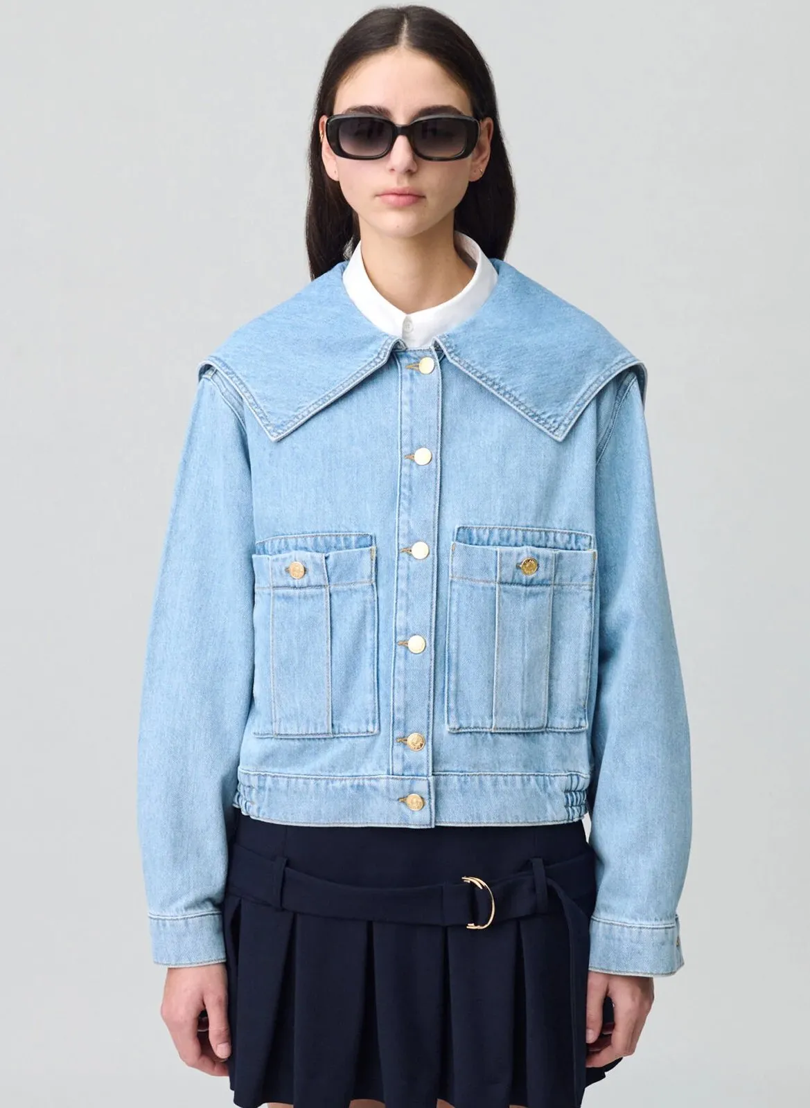 Veste denim col large en coton Bleu