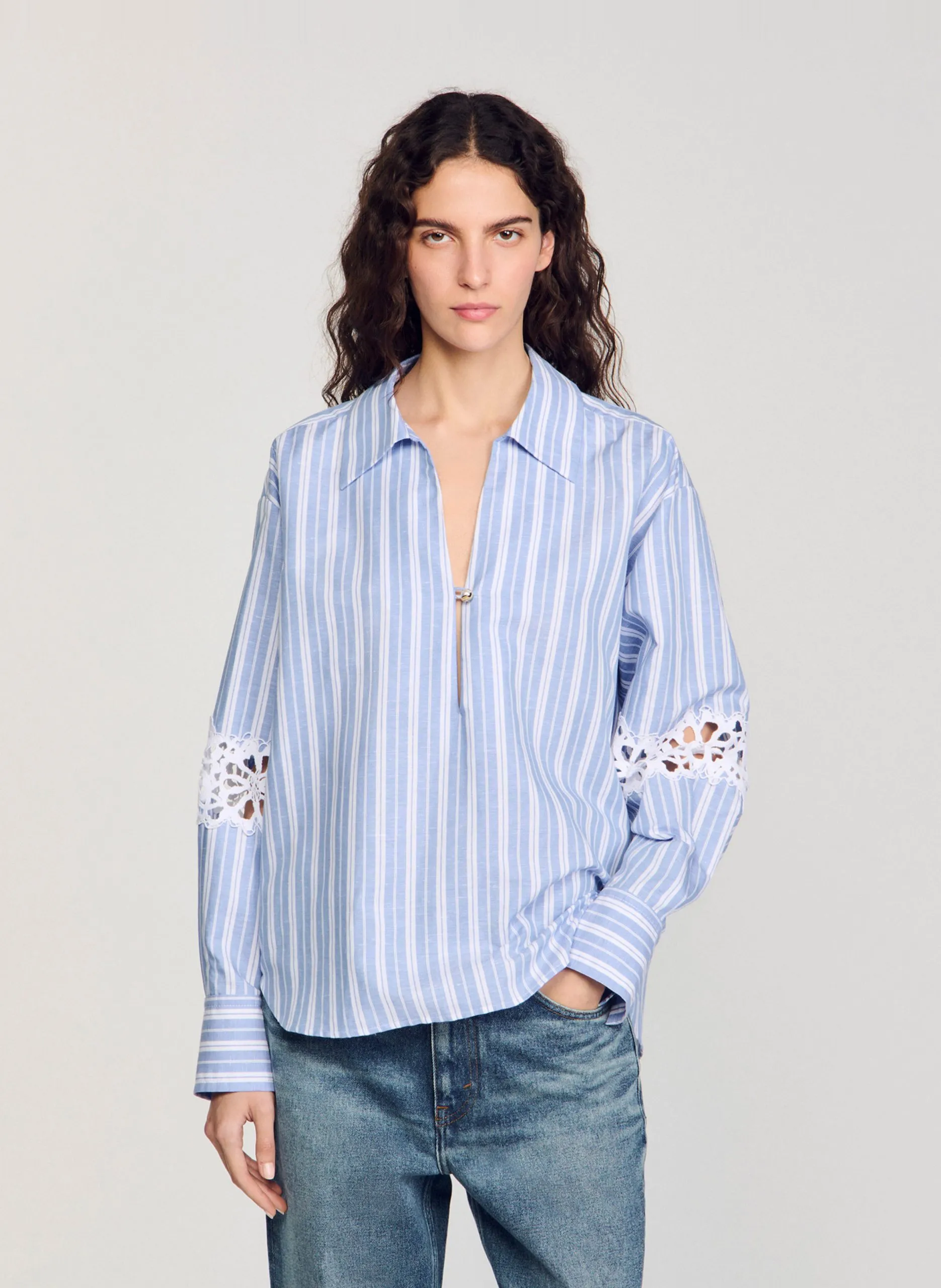 Top ample col classique en coton mélangé Bleu