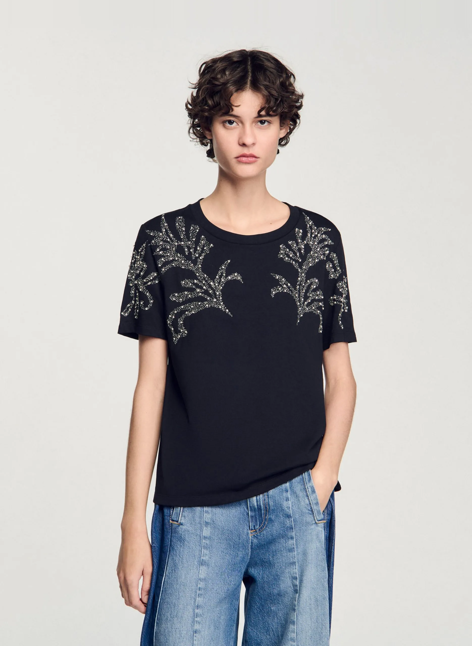 Tee-shirt droit à strass fantaisies Noir