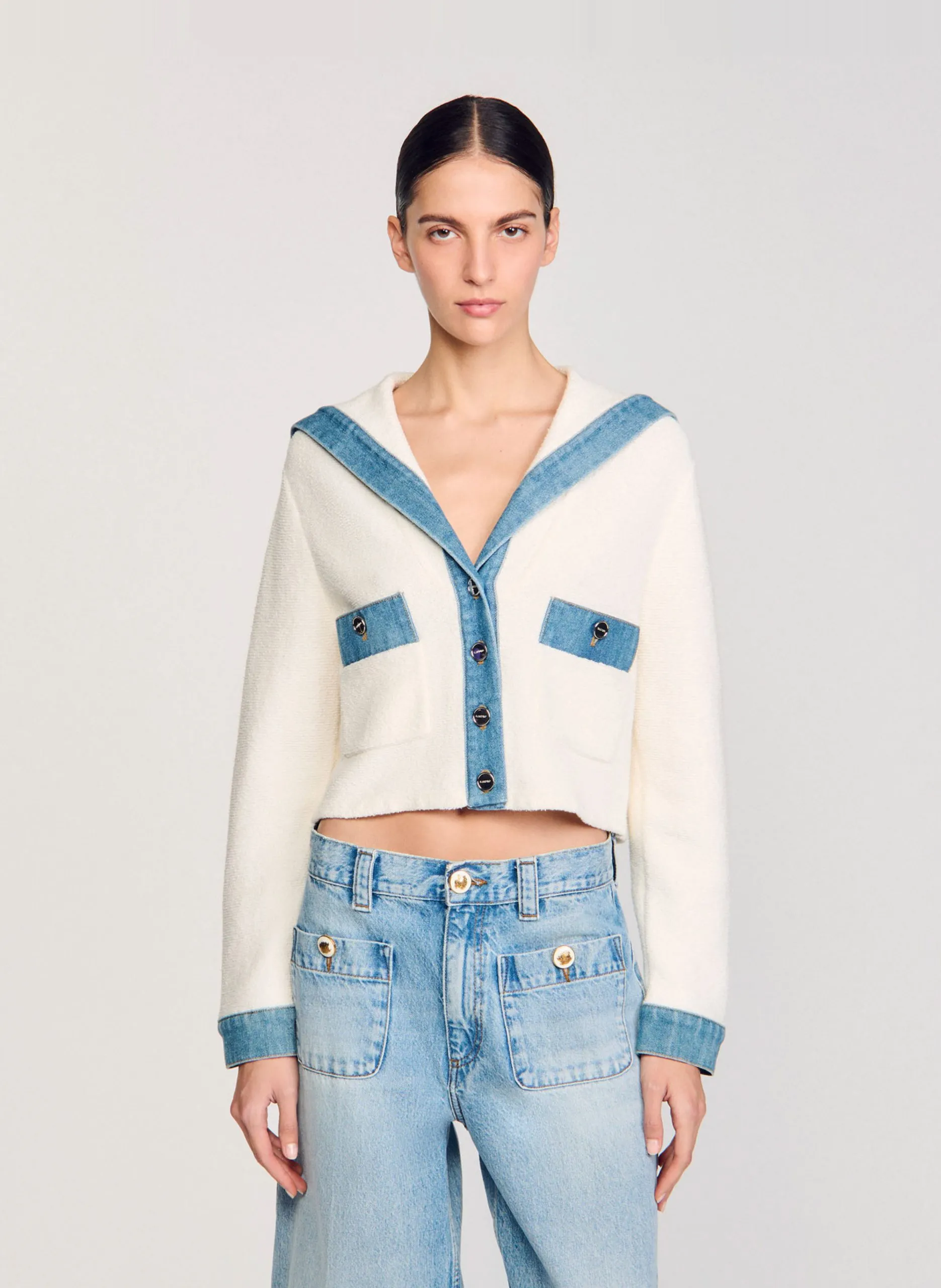 Cardigan court denim en maille bouclette Blanc