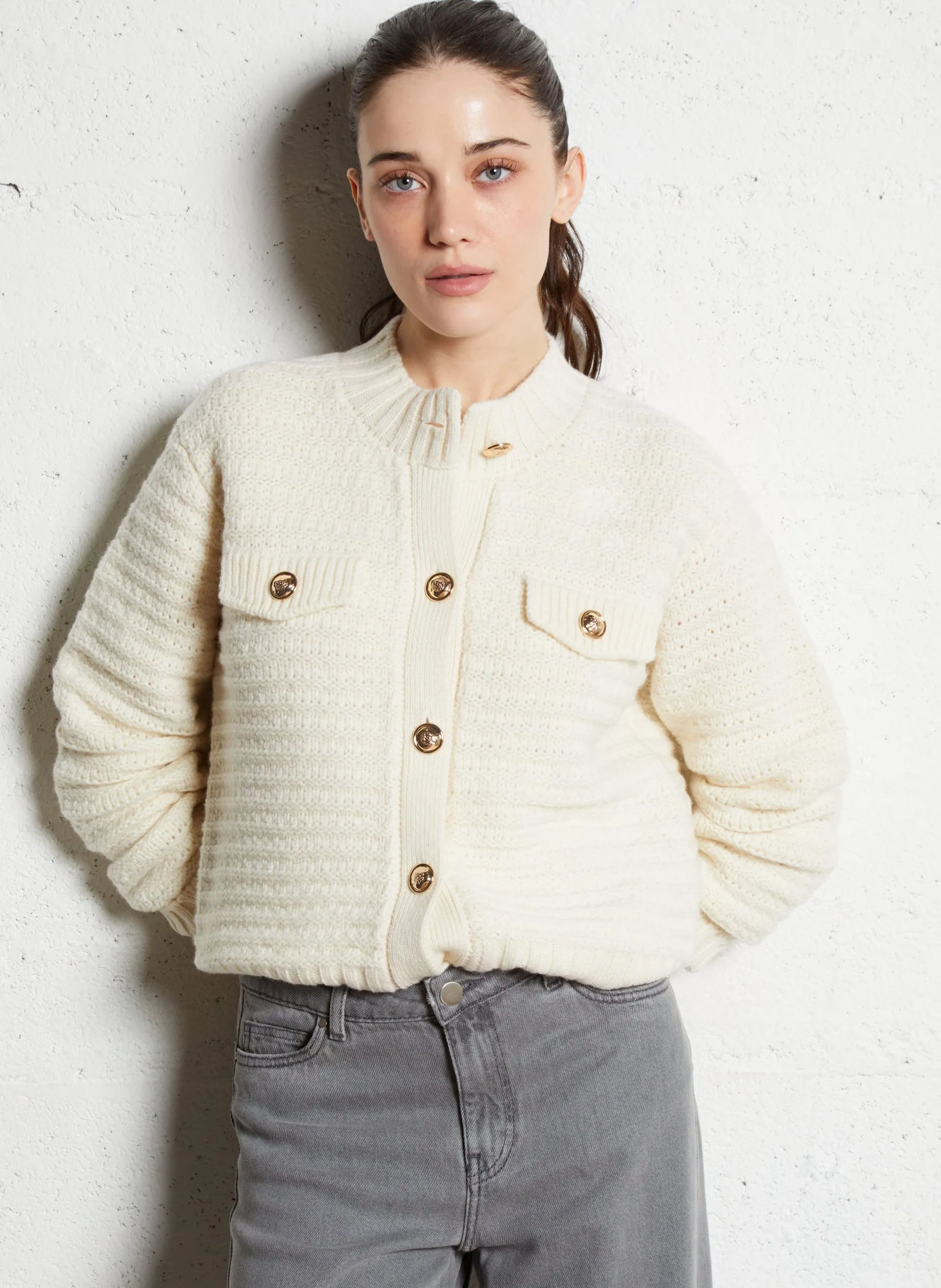 Gilet côtelé en laine Beige SALMA