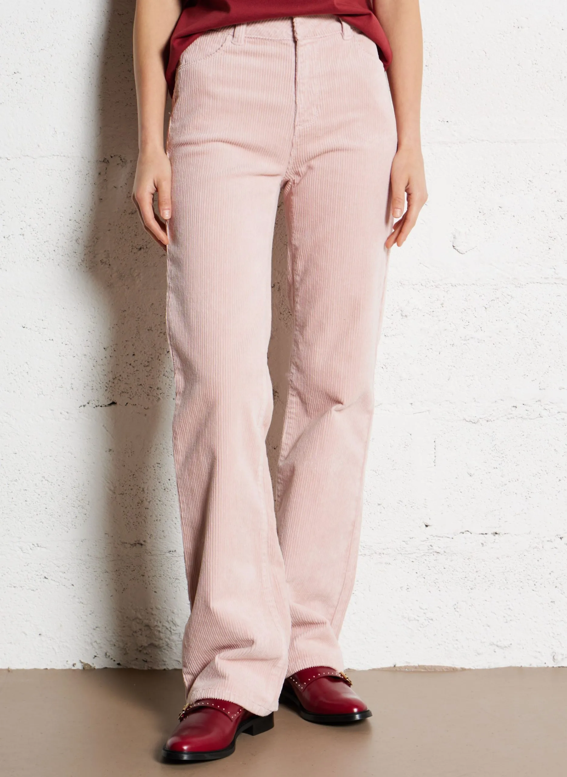 Pantalon droit côtelé en coton mélangé Rose FIDJI