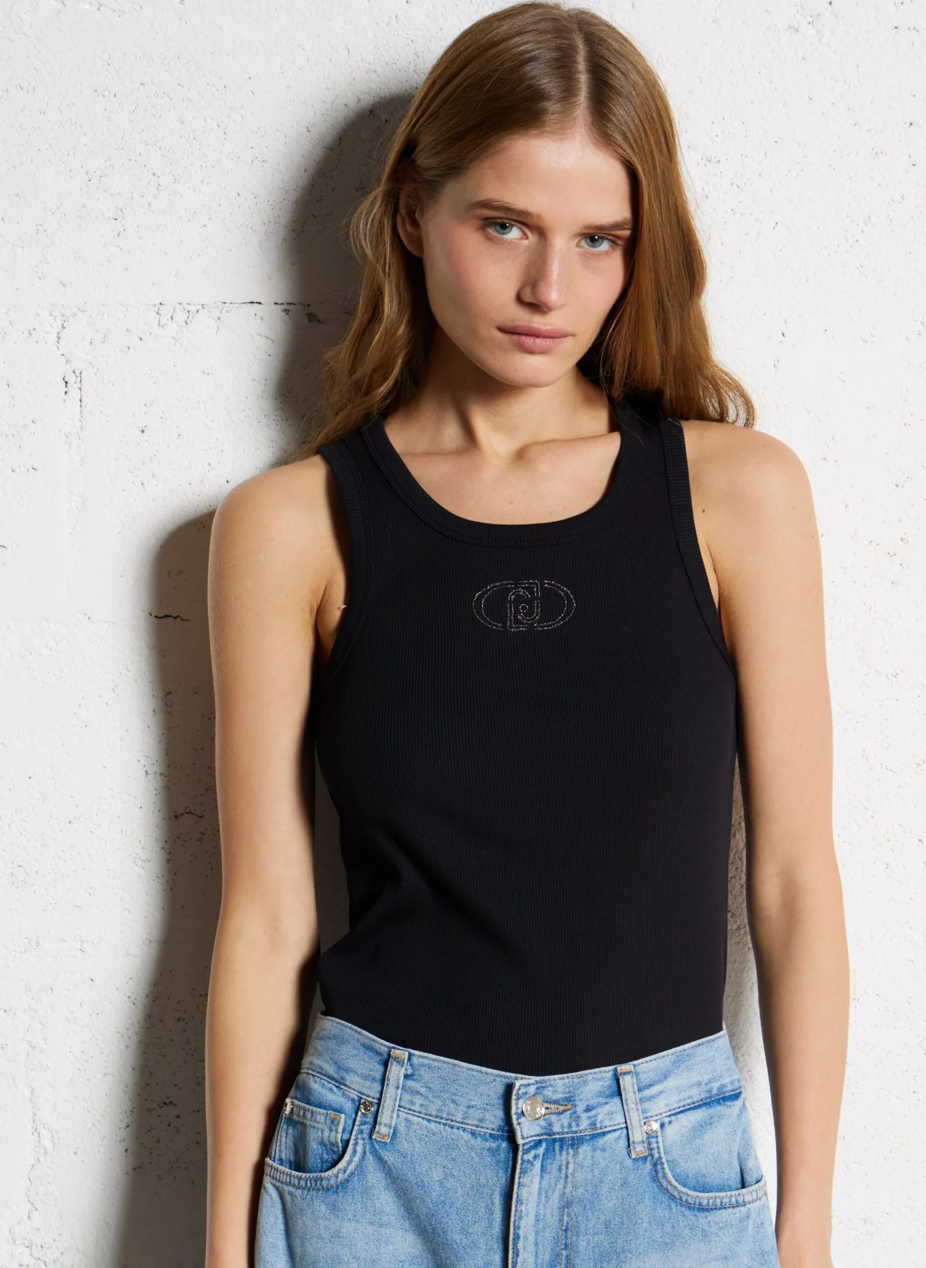 Débardeur droit en coton mélangé Noir