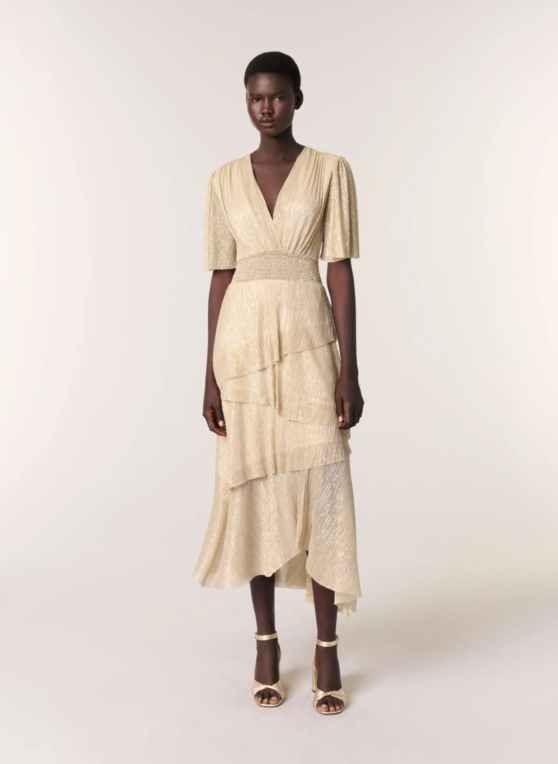 Robe midi col V pailletée Doré