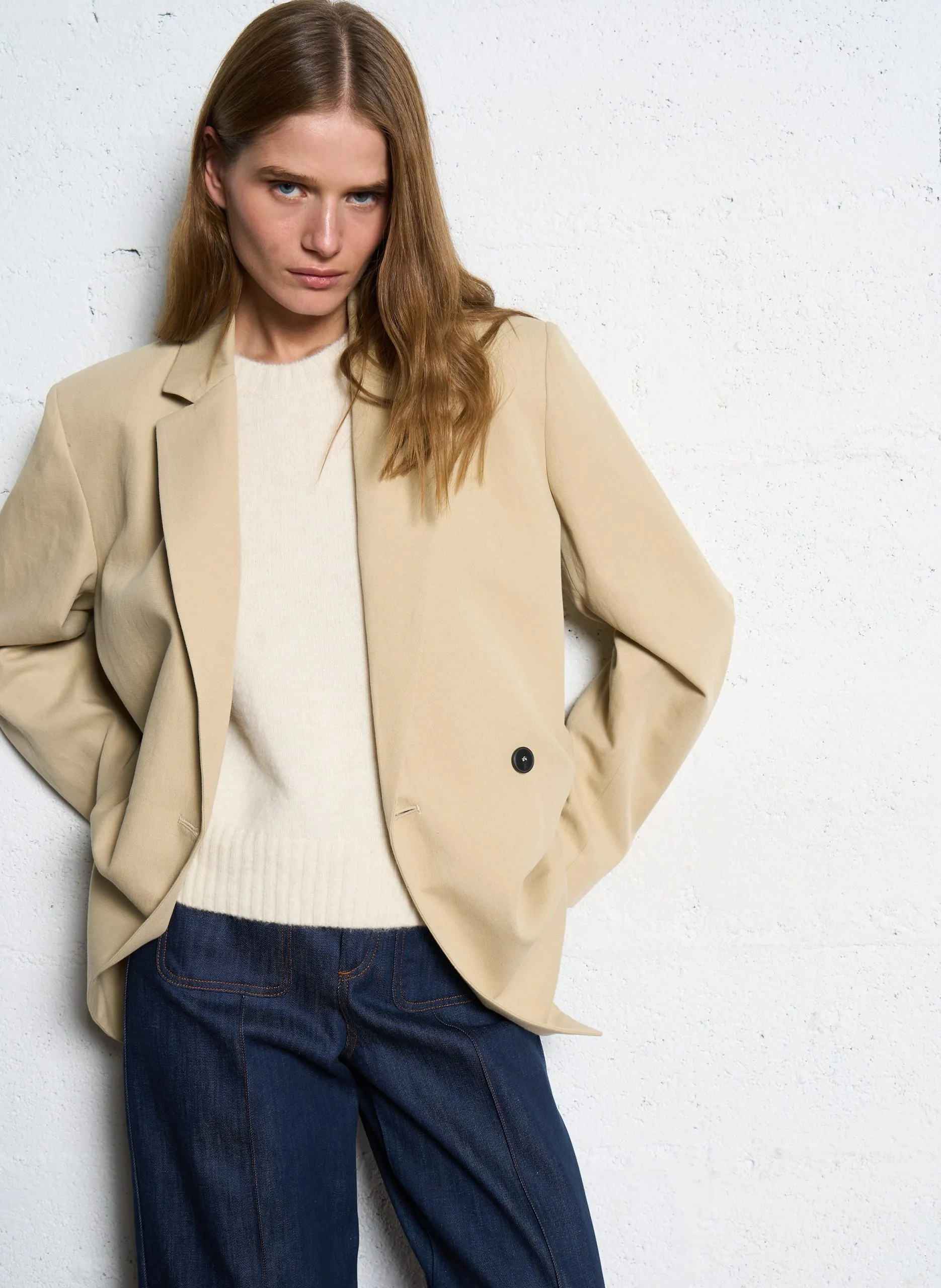 Veste de tailleur droite en coton mélangé Beige