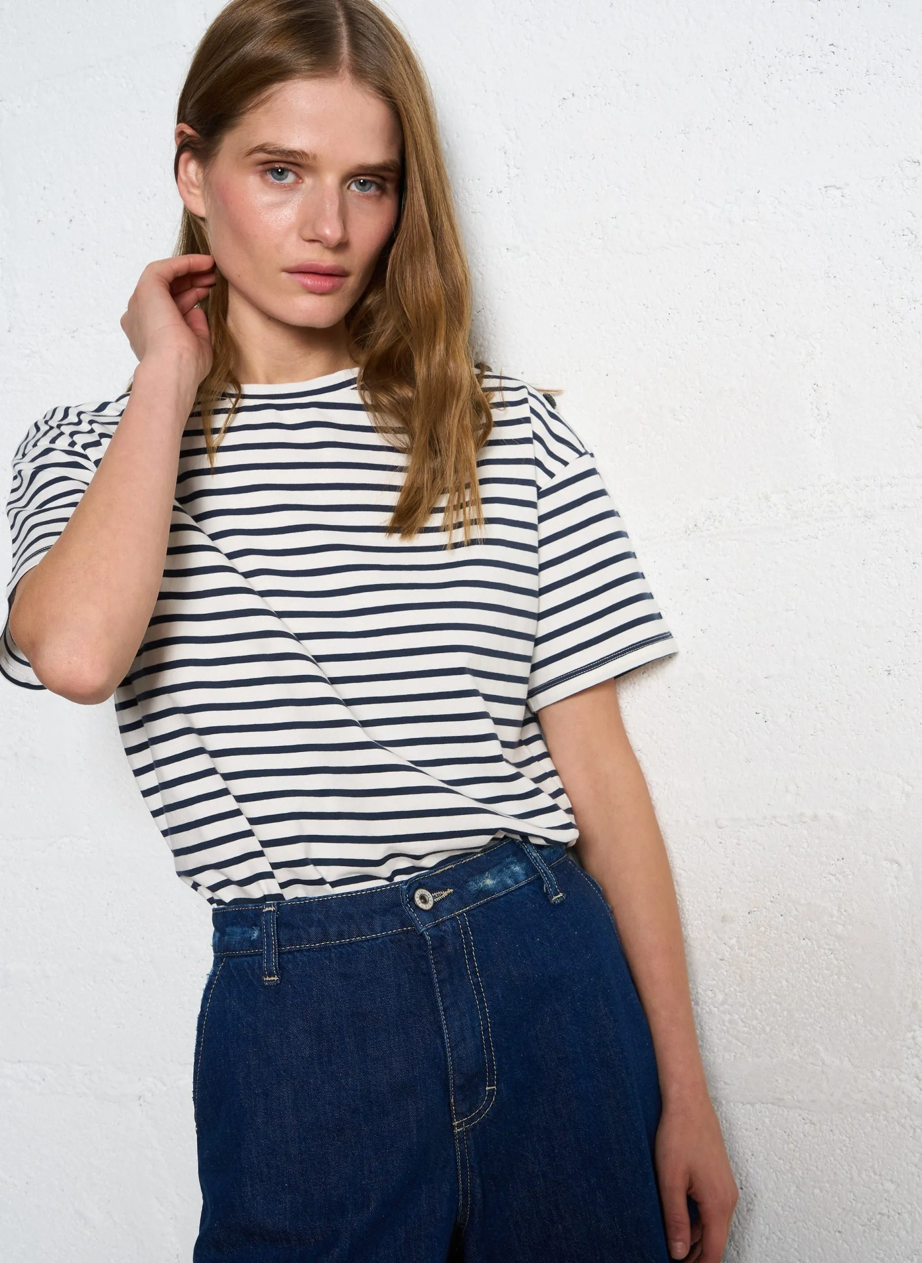 Tee-shirt rayé en coton mélangé Blanc ALISTAIR