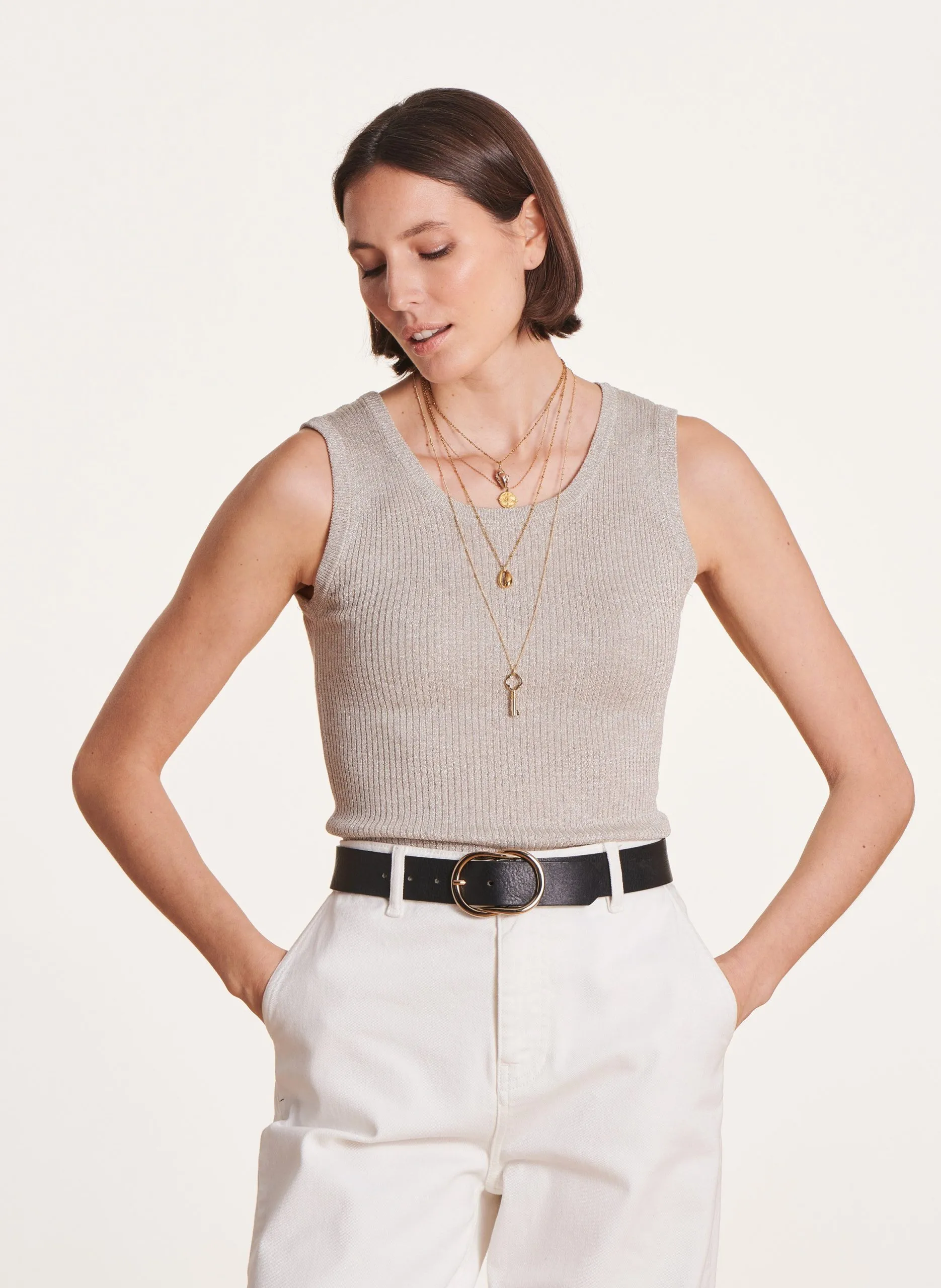 Débardeur moulant col rond Beige