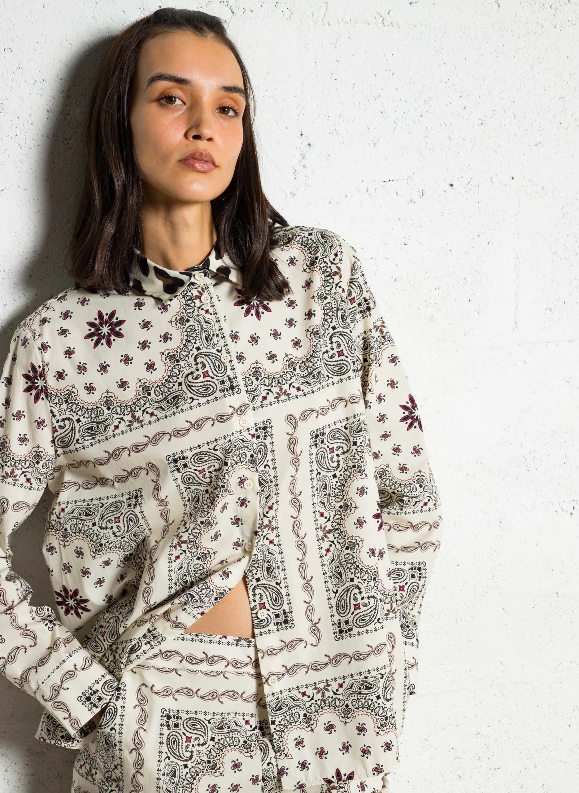 Chemise oversize en coton imprimé Beige