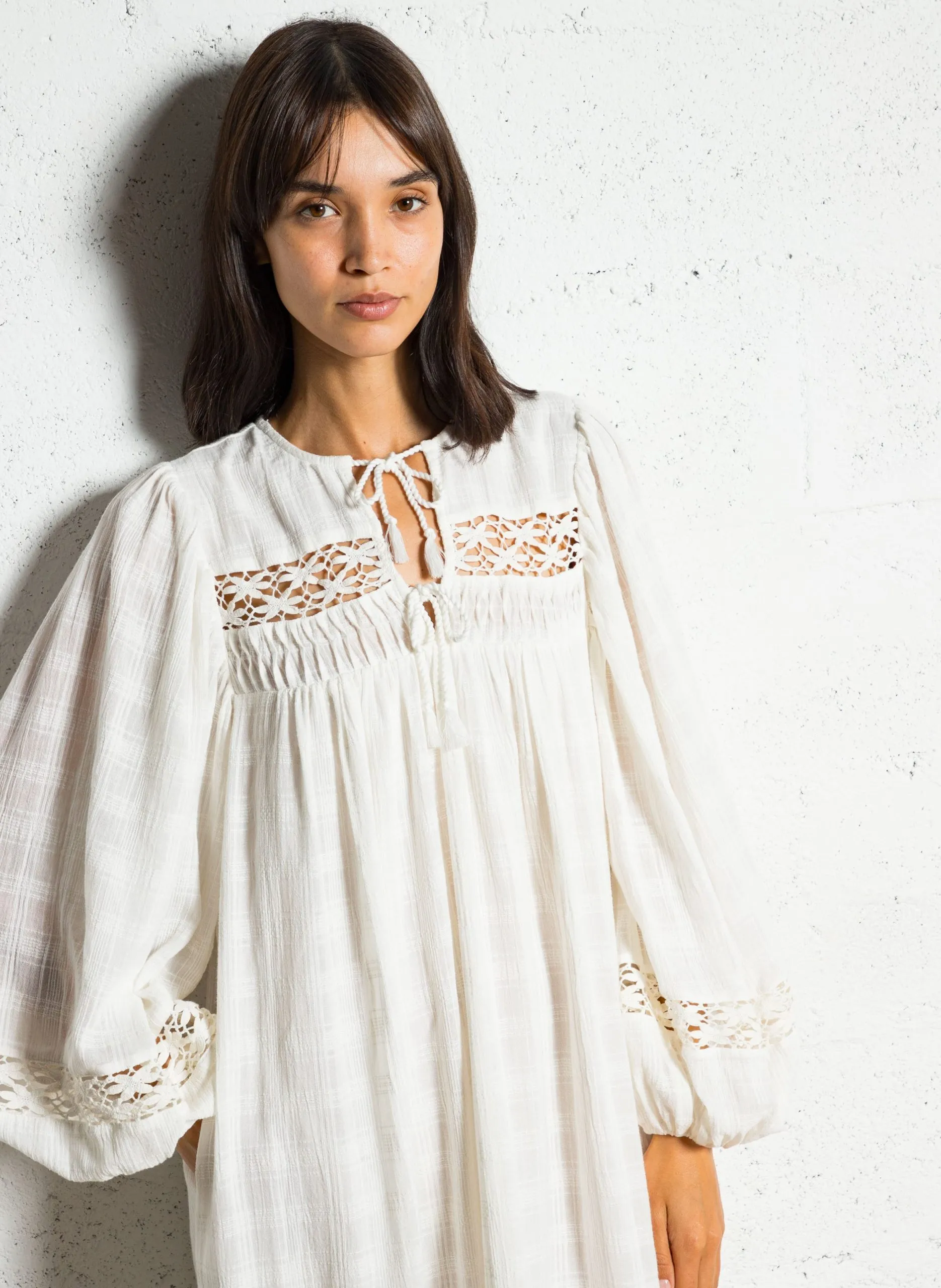 Robe longue brodée en coton bio Beige GYPSE