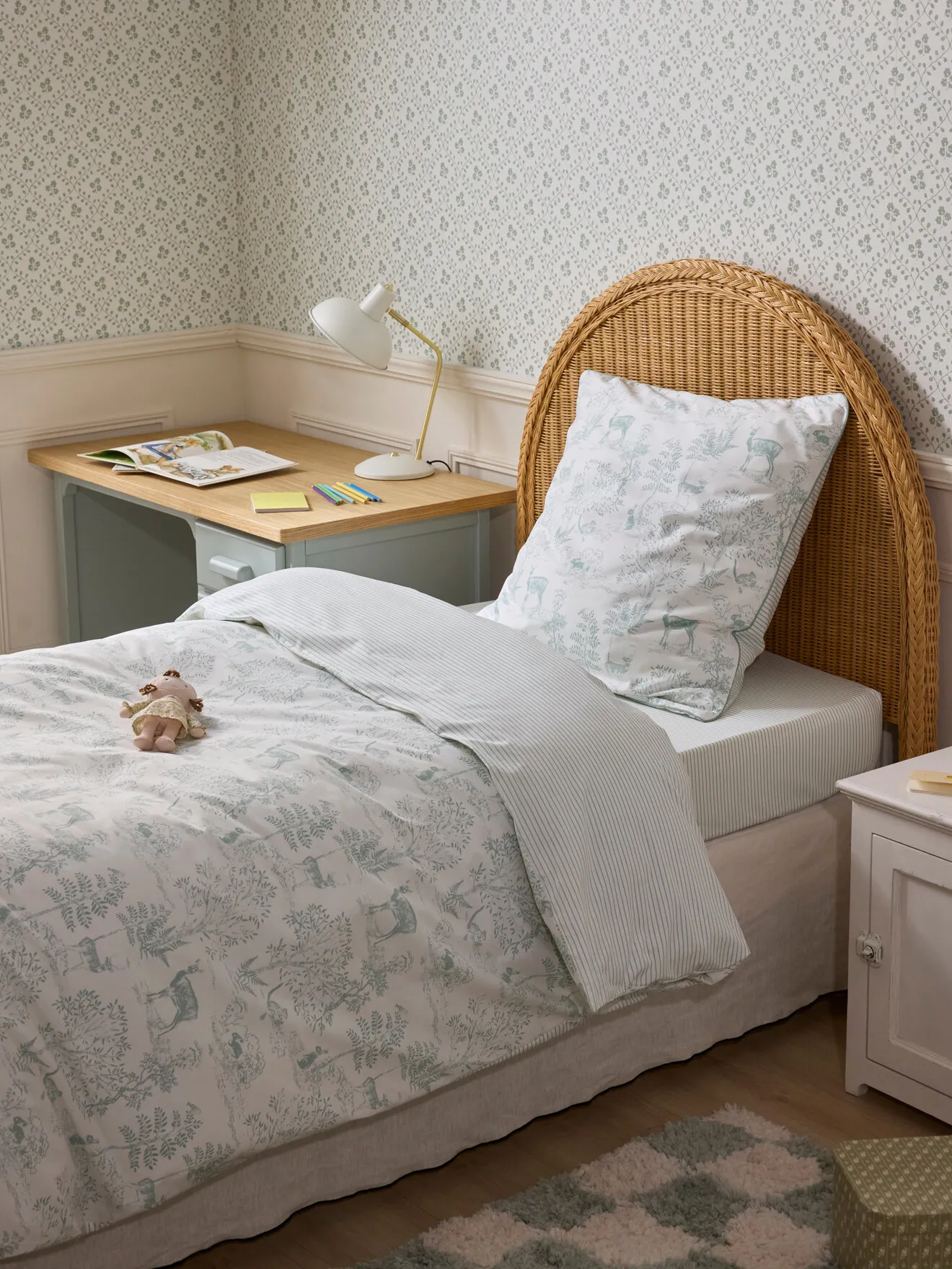 Housse de couette coton "esprit petit jouy" Vert