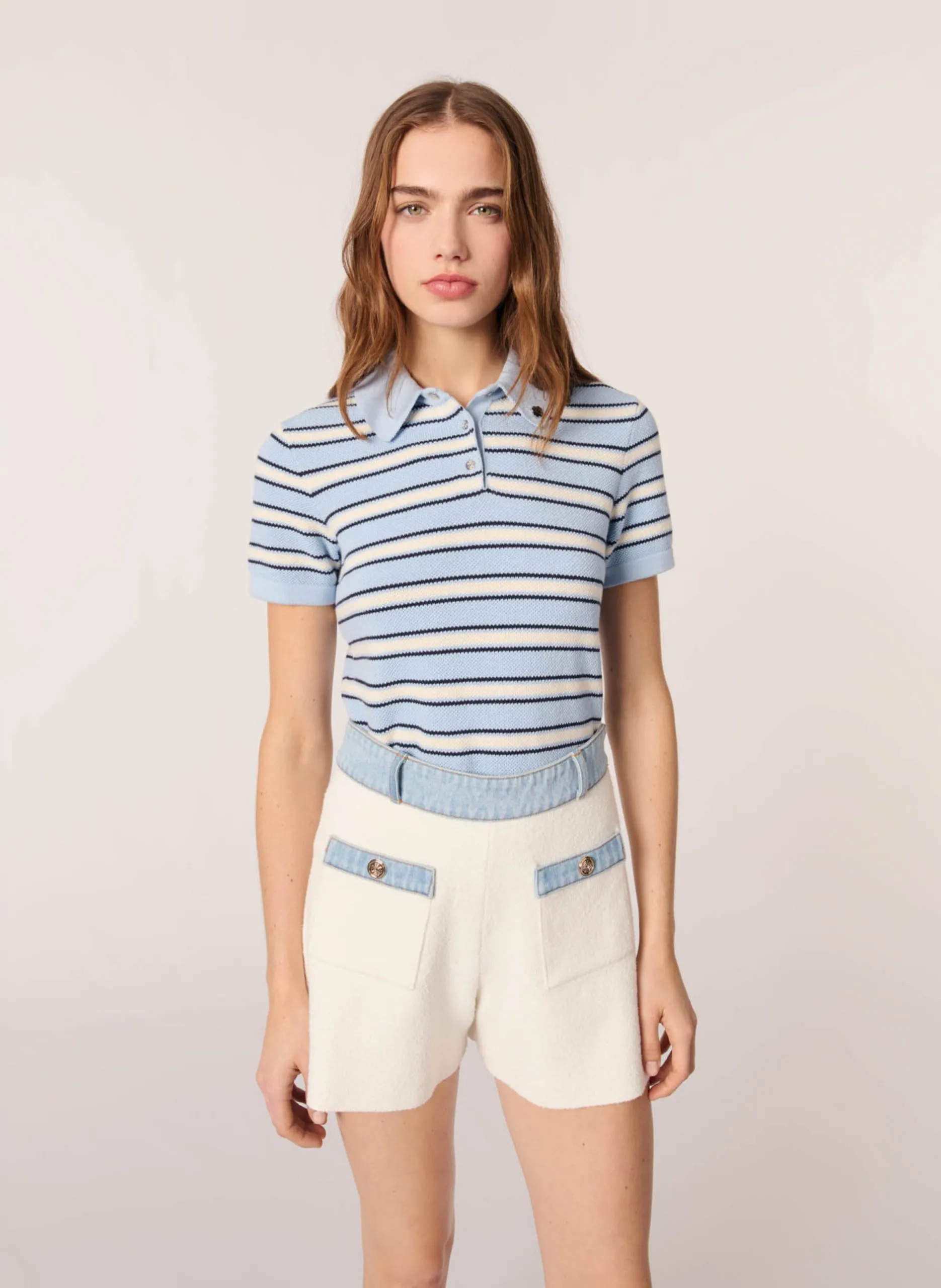 Short à détails denim en maille coton Beige