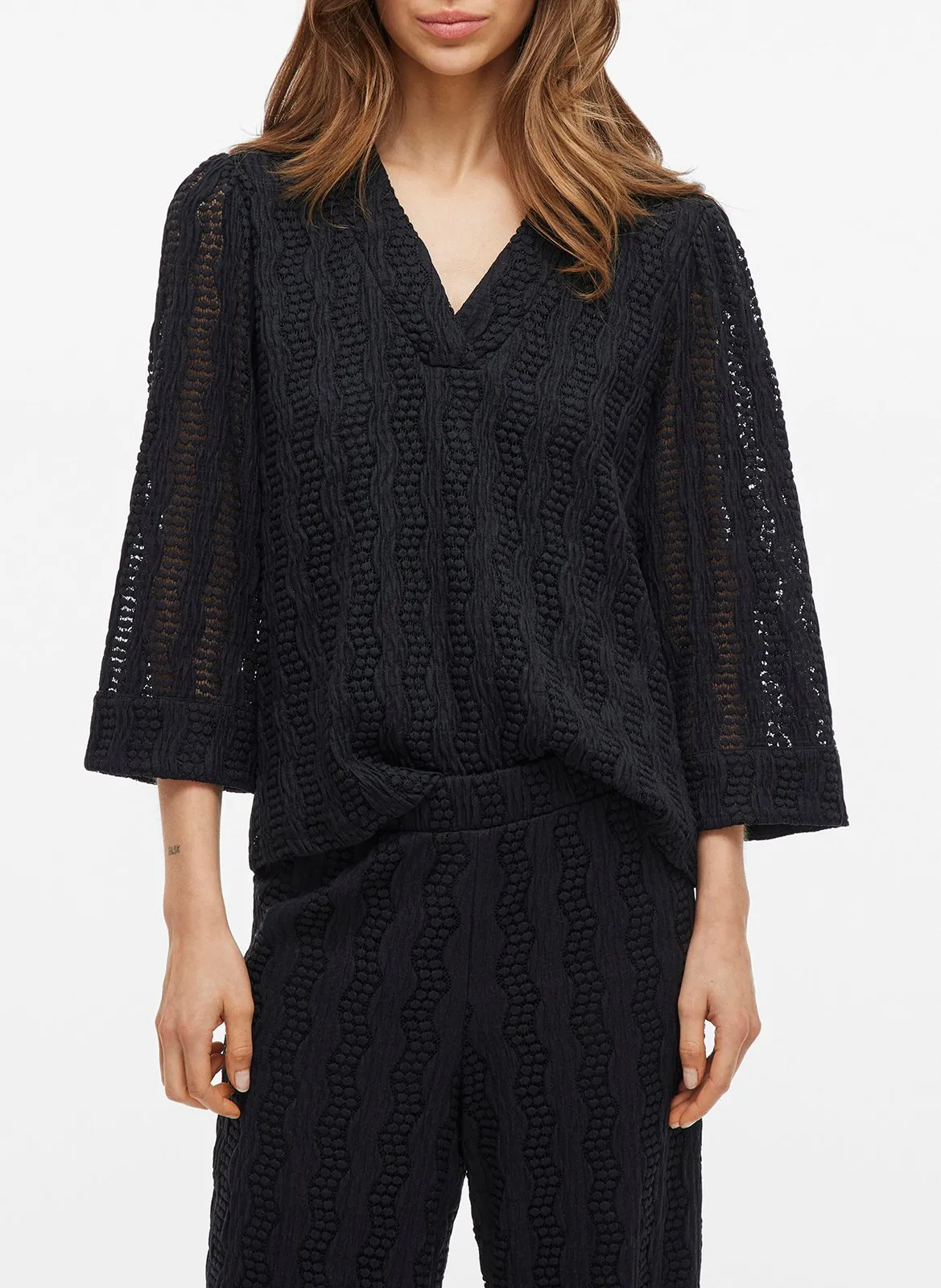 Top col V en coton mélangé Noir